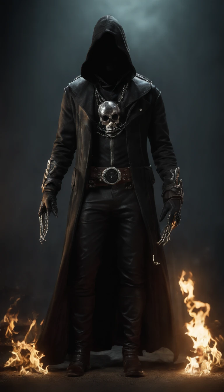 (The ghost of the black hood:1.5), (Extremely detailed CG Unity 16k wallpaper:1.1), (Noise Removal Strength: 1.45), (tmasterpiece:1.37), (Pose all over the body:1.4:), whole-length; head to toe; up front view; Glowing eyes; steampunc; Clockwork;  Demonic vibe; steampunc; whole-length; head to toe; up front view;