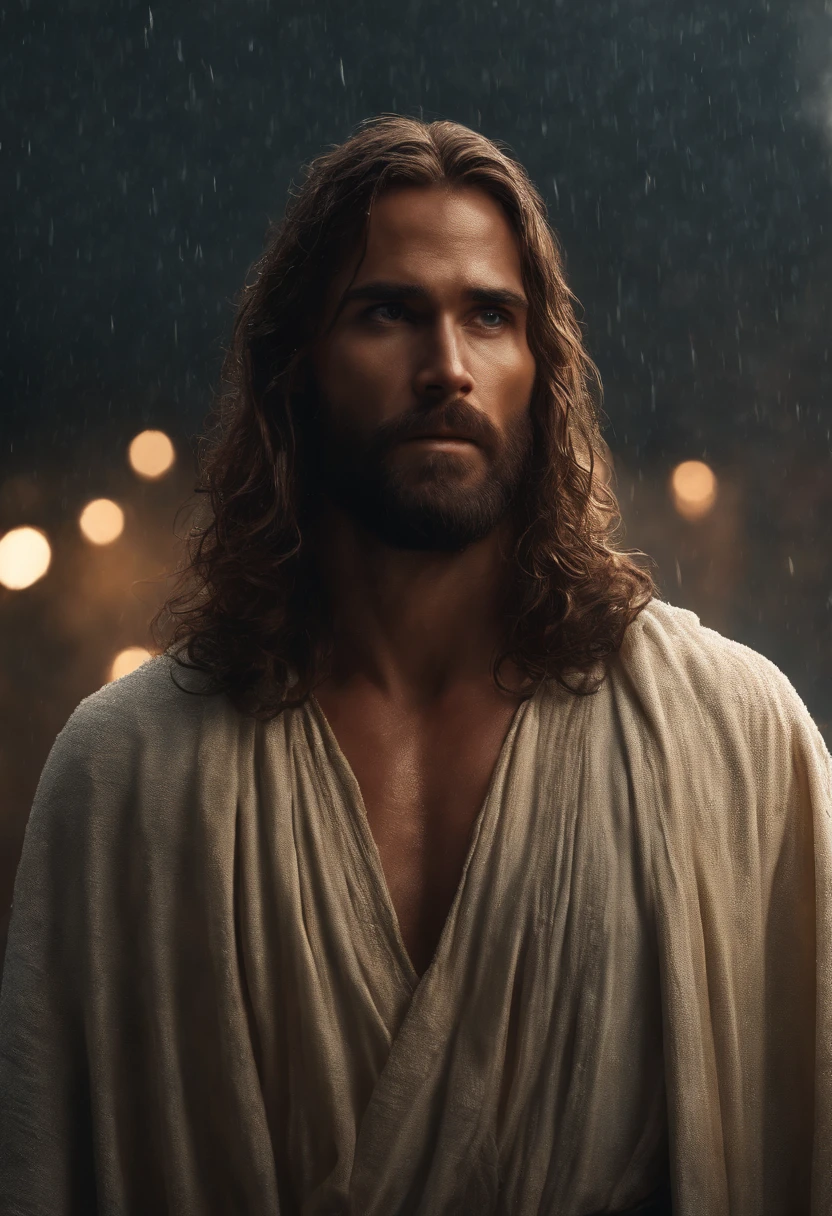 Jesus is standing in the rain with his head turned to the side, Greg Olsen, Jesus Cristo, Retrato de Jesus Cristo, jesus of nazareth, Wojtek FUS, Vestido como Jesus Cristo, O Senhor e Salvador, pintura digital ultra realista, rosto de Jesus, cinematic digital painting, Pintado por Andreas Rocha, Directed by: Michael Komarck, Jesus, Filme 8K ainda
