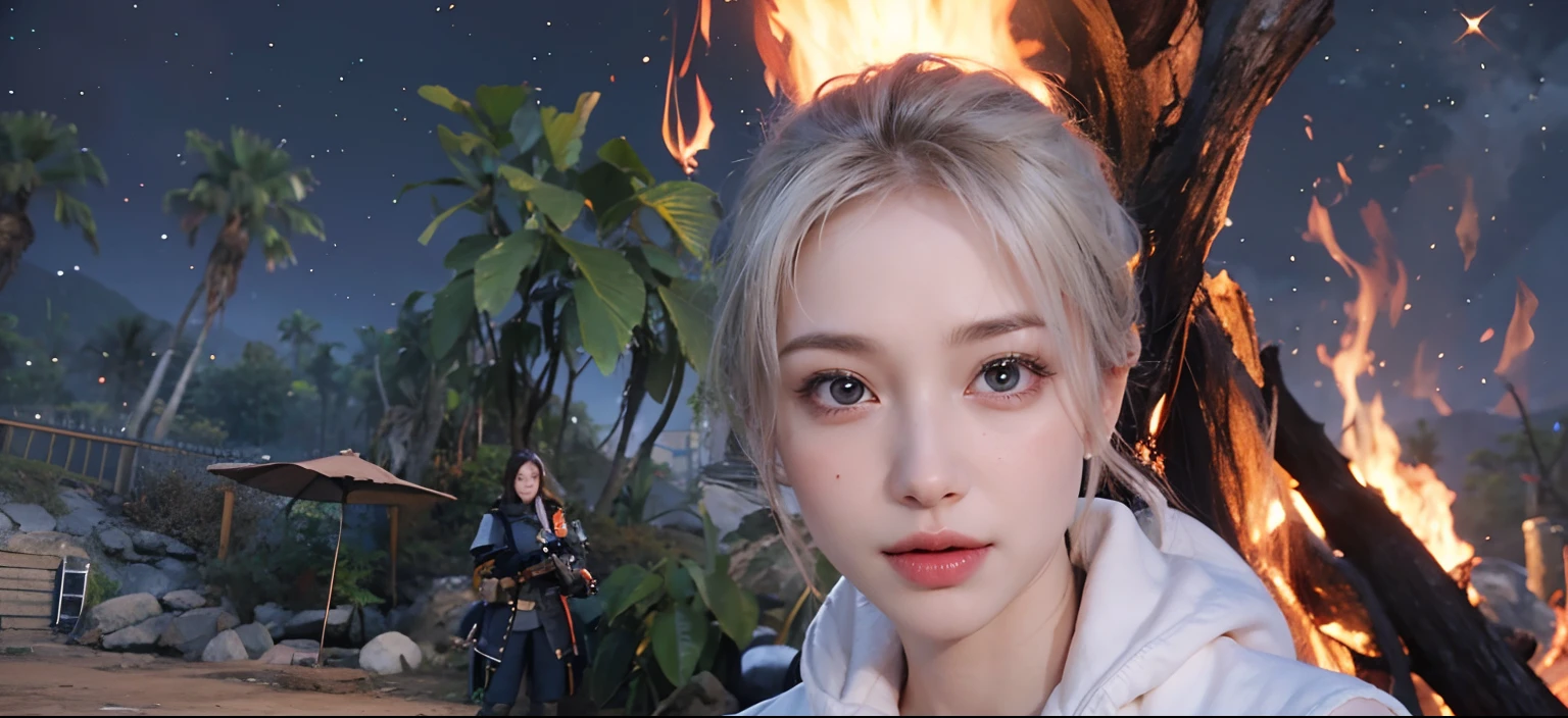 there is a woman that is standing in front of a fire, close up character, ultra-realistic graphics, game cg, unreal 5. rpg portrait, ingame image, with very highly detailed face, in - game, in-game, character close up, beautiful screenshot, realistic artstyle, female character, uhd realistic faces, in game graphic,cuteness overload, beauty ,cute girl , smile