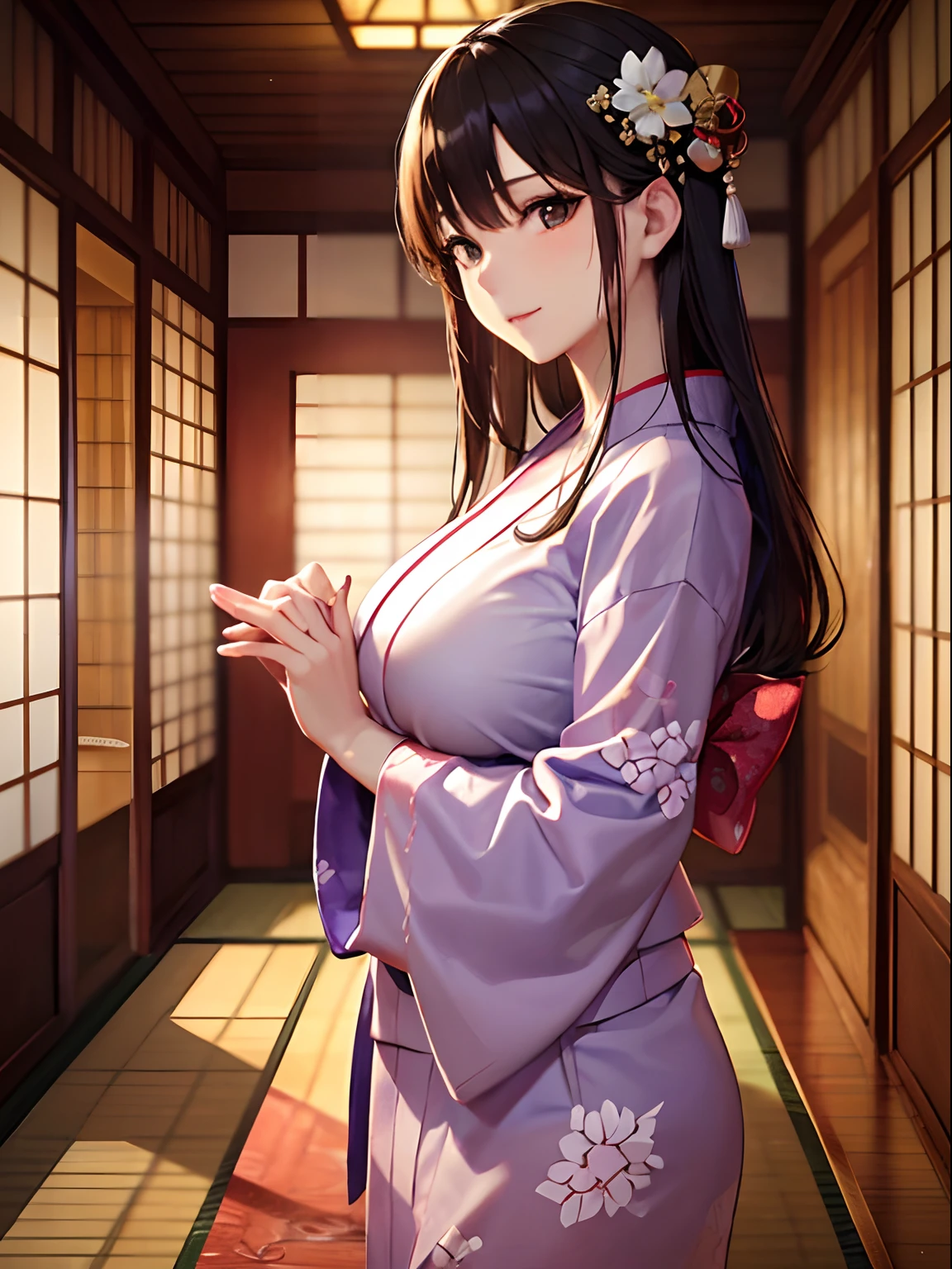 (top-quality: 1.3), (masterpiece: 1.3), (Super Detail: 1.3), (wall-paper, one girls: 1.1)、(Detailed hands and fingers:1.2)、(Detailed ultra-oily shiny skin:1.1)、(Yukata at the ryokan:1.2)、Brown hair、Longhaire、Straight hair、Beautiful sister、ssmile、(Ryokan rooms:1.2)、(Beautiful Large Breasts:1.3) 、traditional Japanese room、sexypose、is standing
