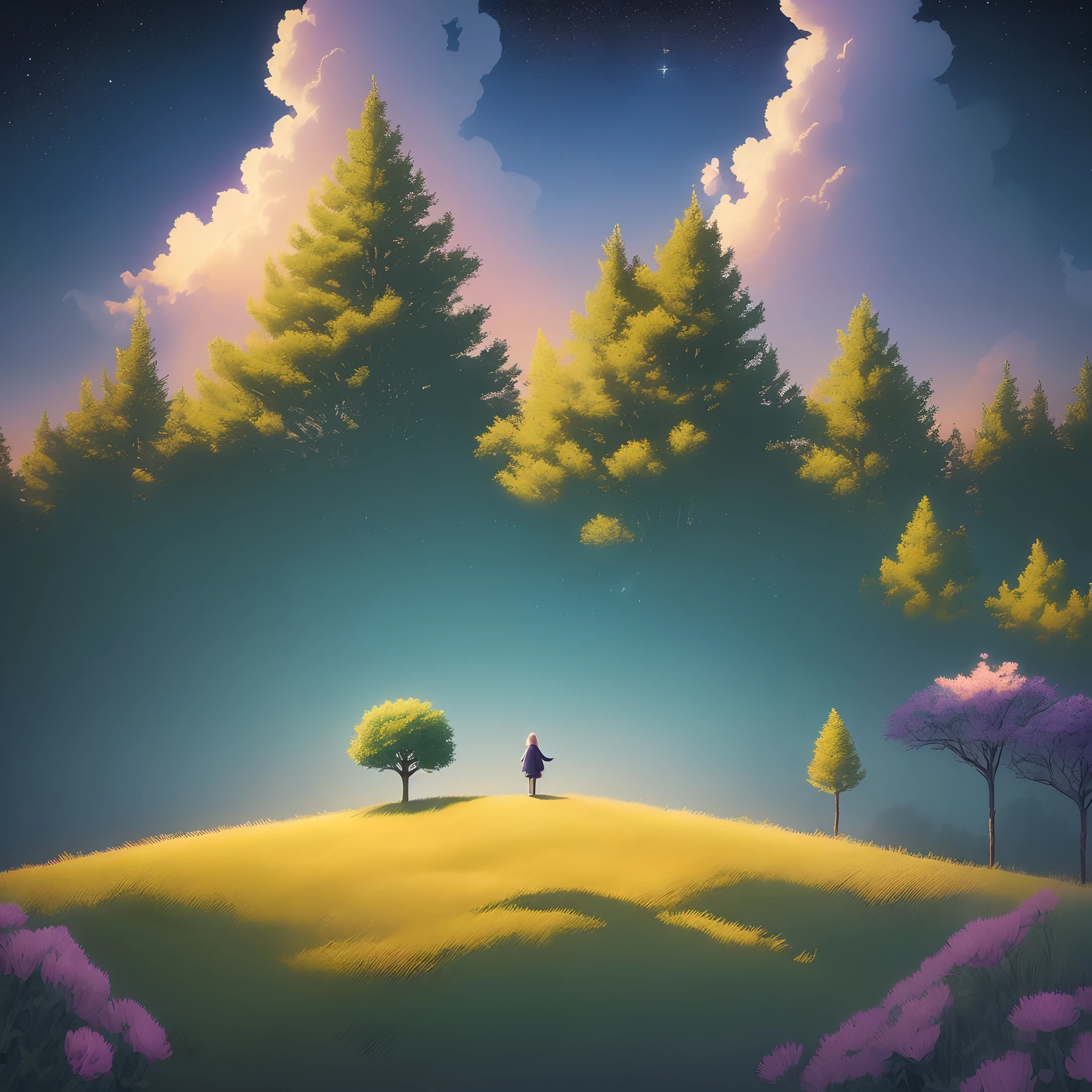 "Some trees, Cartoon Illustration, Gradient sky with sparkling stars and pastel colors. Immerse yourself in a mysterious world full of magical elements (Weighted by 0.9). As you explore the picturesque outlines of flowers embedded in the landscape、Enjoy a touch of magic (Weight 0.8)."