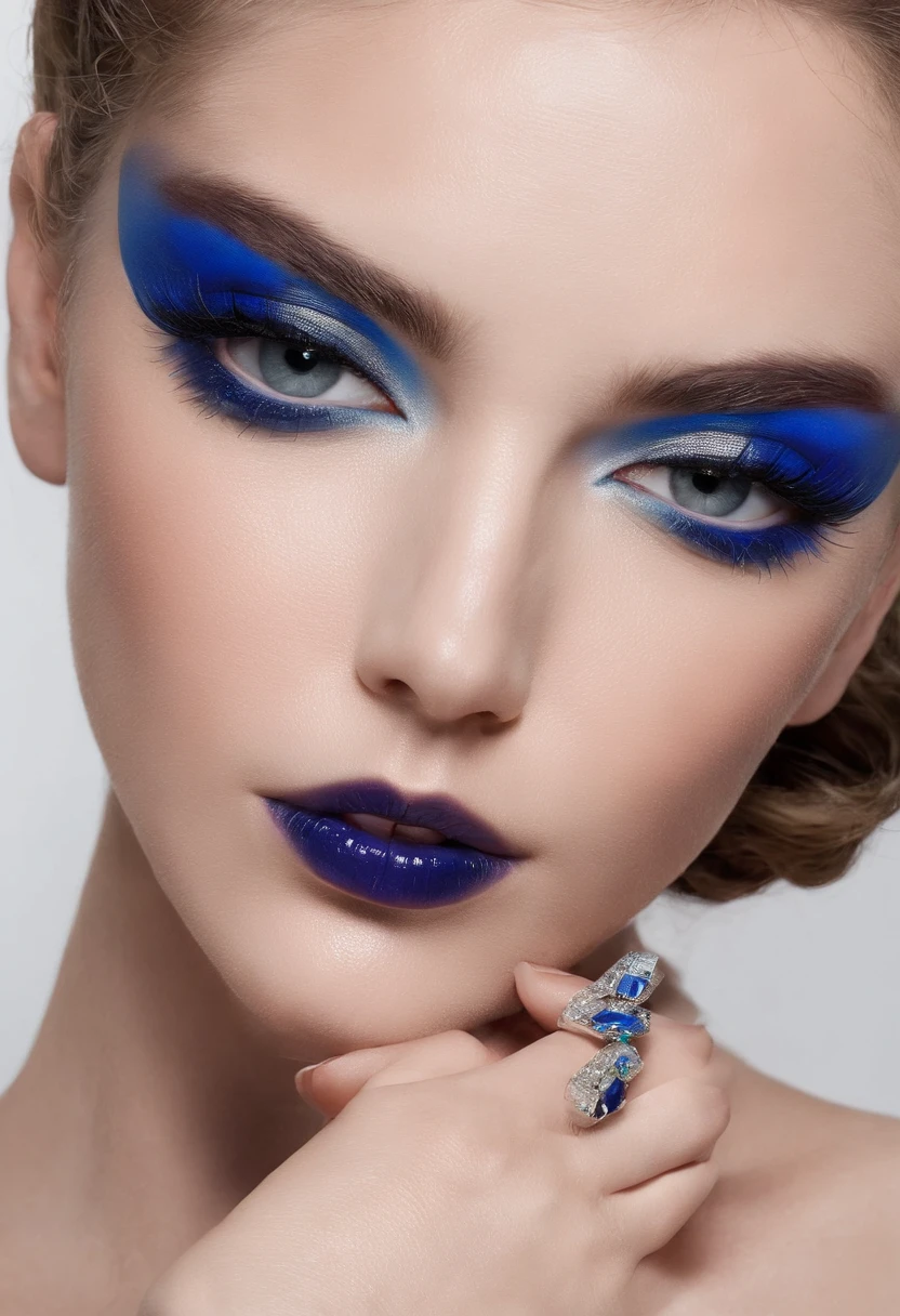 (Publicity photo for luxury cosmetics), modelo de moda, Olhando para o Viewer, testa, sobrancelhas grossas, Glossy Lips, batom vermelho bem delineado, sombra azul marcante, long eyeslashes, cabelo curto preto, fundo simples, sorriso sutil, (professional lighting ), luz difusa