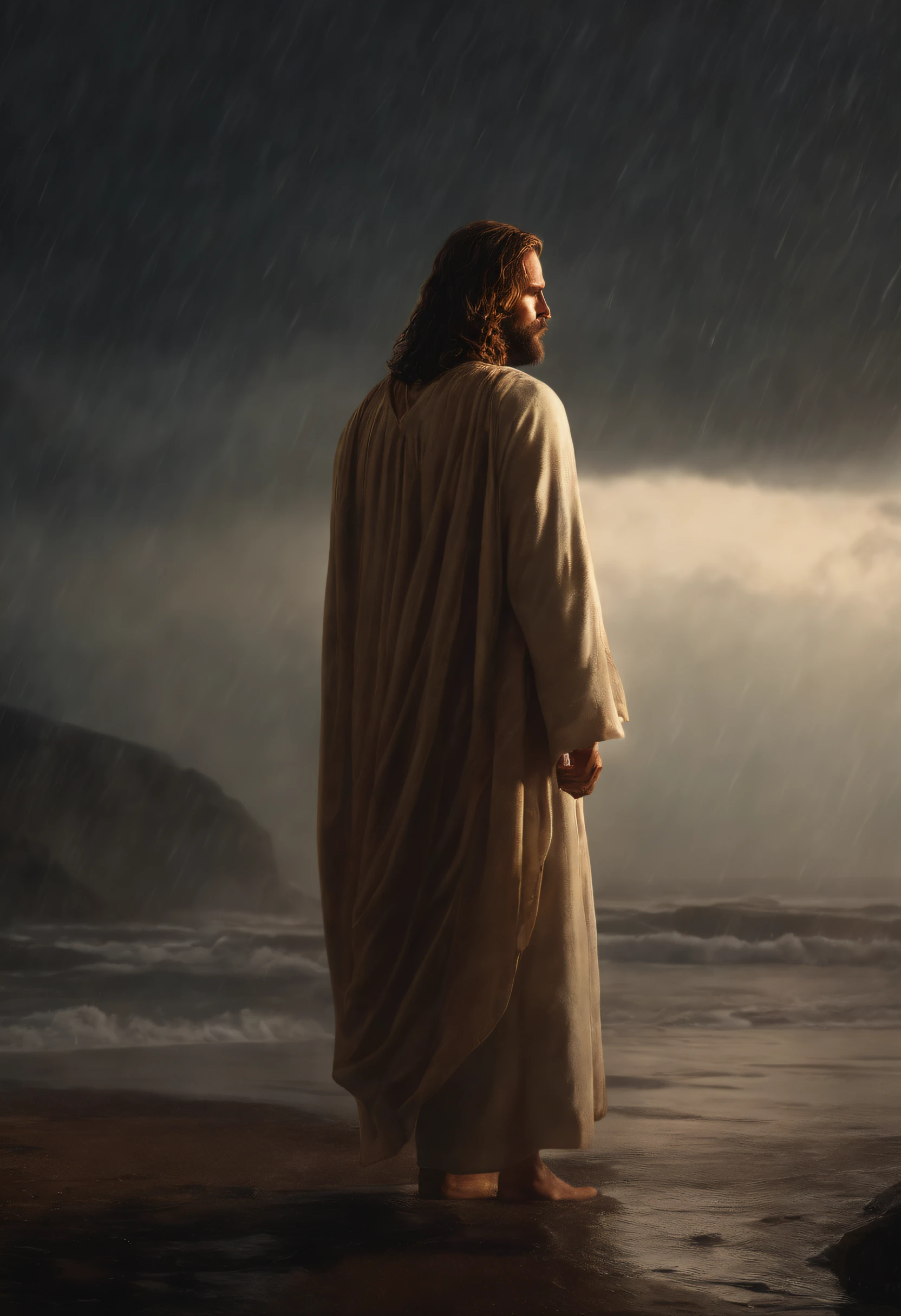 Jesus is standing in the rain with his head turned to the side, Greg Olsen, Jesus Cristo, Retrato de Jesus Cristo, jesus of nazareth, Wojtek FUS, Vestido como Jesus Cristo, O Senhor e Salvador, pintura digital ultra realista, rosto de Jesus, cinematic digital painting, Pintado por Andreas Rocha, Directed by: Michael Komarck, Jesus, Filme 8K ainda