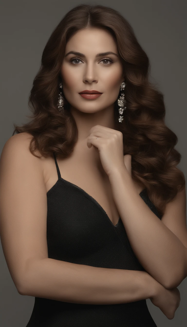 It generates the image of a young woman with a medium and curvy body. plus size, Beautiful, elegante e sofisticado, Ela tem 33 anos. A mulher tem longos cabelos negros ondulados, She wears a white turtleneck blouse and beige pants. ela deve estar de boca fechada. Realistic and well-groomed hands. Ela deve estar de boca fechada. Your hand must be human, realistic. high resolution, master part, melhor qualidade, detalhes intrincados, altamente detalhado, foco nítido, pele detalhada, textura de pele realista, textura, Olhos detalhados, profissional, 4k, boca fechada, filmado na Canon, 85 millimeters, profundidade de campo rasa, kodak vision color, Ajuste perfeito ao corpo, extremamente detalhado, fotografia_\(Ultra\), fotorrealista, Realistic, Post-processing, Maximum detail, rugosidade, vida real, ultra realistic, fotorrealismo, fotografia, 8k UHD, fotografia