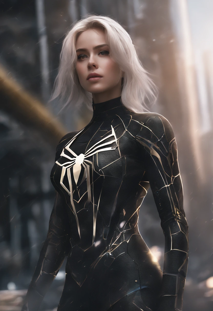 (1girl:1.3), solo, __body-parts__, official art, unified 8k wallpaper, super detailed, beautiful and aesthetic, beautiful, masterpiece, best quality, raw, masterpiece, super fine photo, best quality, super high resolution, photorealistic realism, sunlight, full body portrait, amazing beauty,dynamic pose, delicate face, vibrant eyes, (from the front), she is wearing a black Spider-man suit, gold and black color scheme, spider, very detailed abandoned warehouse background, Detailed face, detailed complex busy background, messy, gorgeous, milky white, highly detailed skin, realistic skin details, visible pores, sharp focus, volumetric fog, 8k uhd, DSLR, high quality, film grain, fair skin, photo realism, lomography, huge metropolis in future dystopia, seen from below, translucent,long light hair