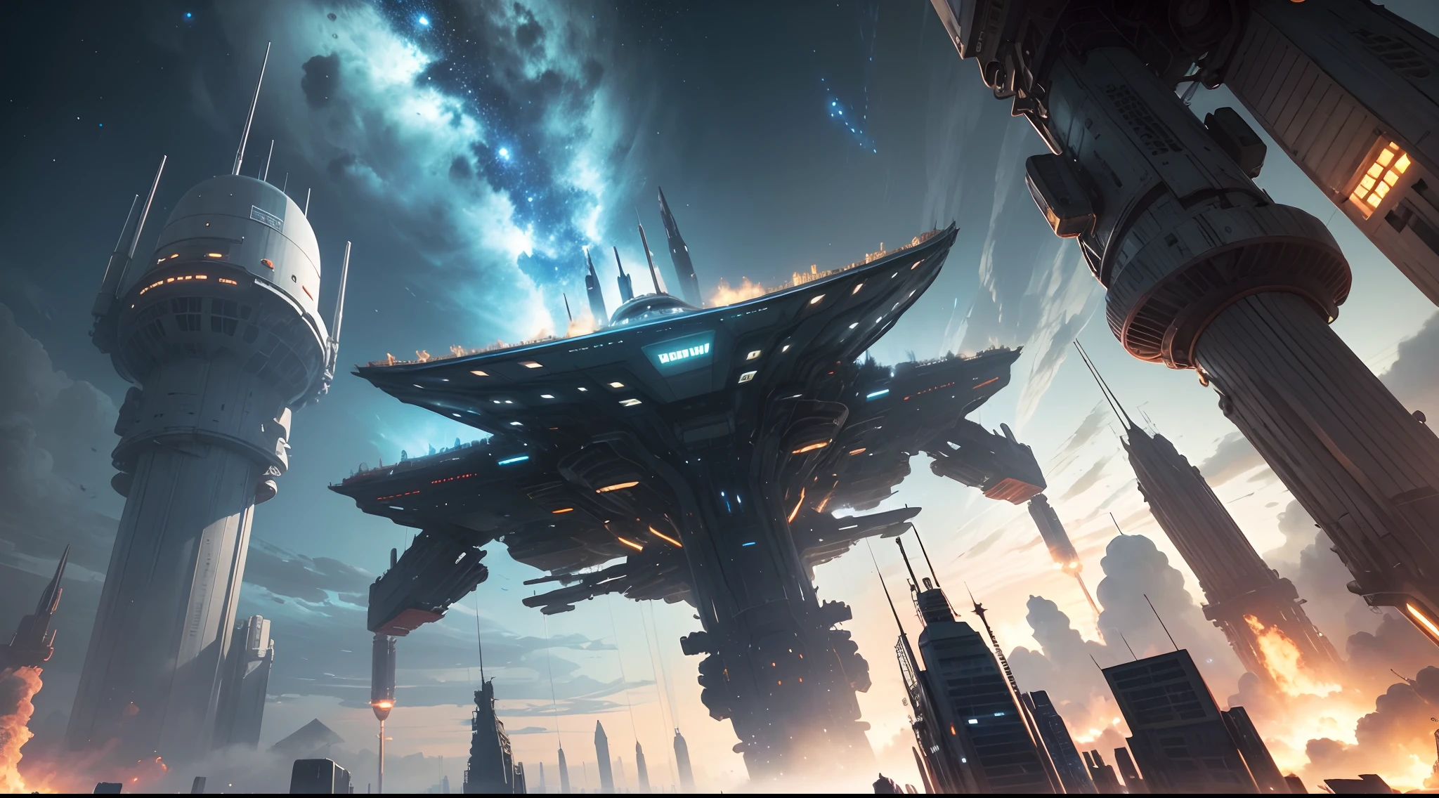 Una nave espacial carguero,There are many large cyber cities on board。Se acerca a un planeta verde. Hay ascensores espaciales alrededor de la nave espacial, Reality 16K Realistic Photography