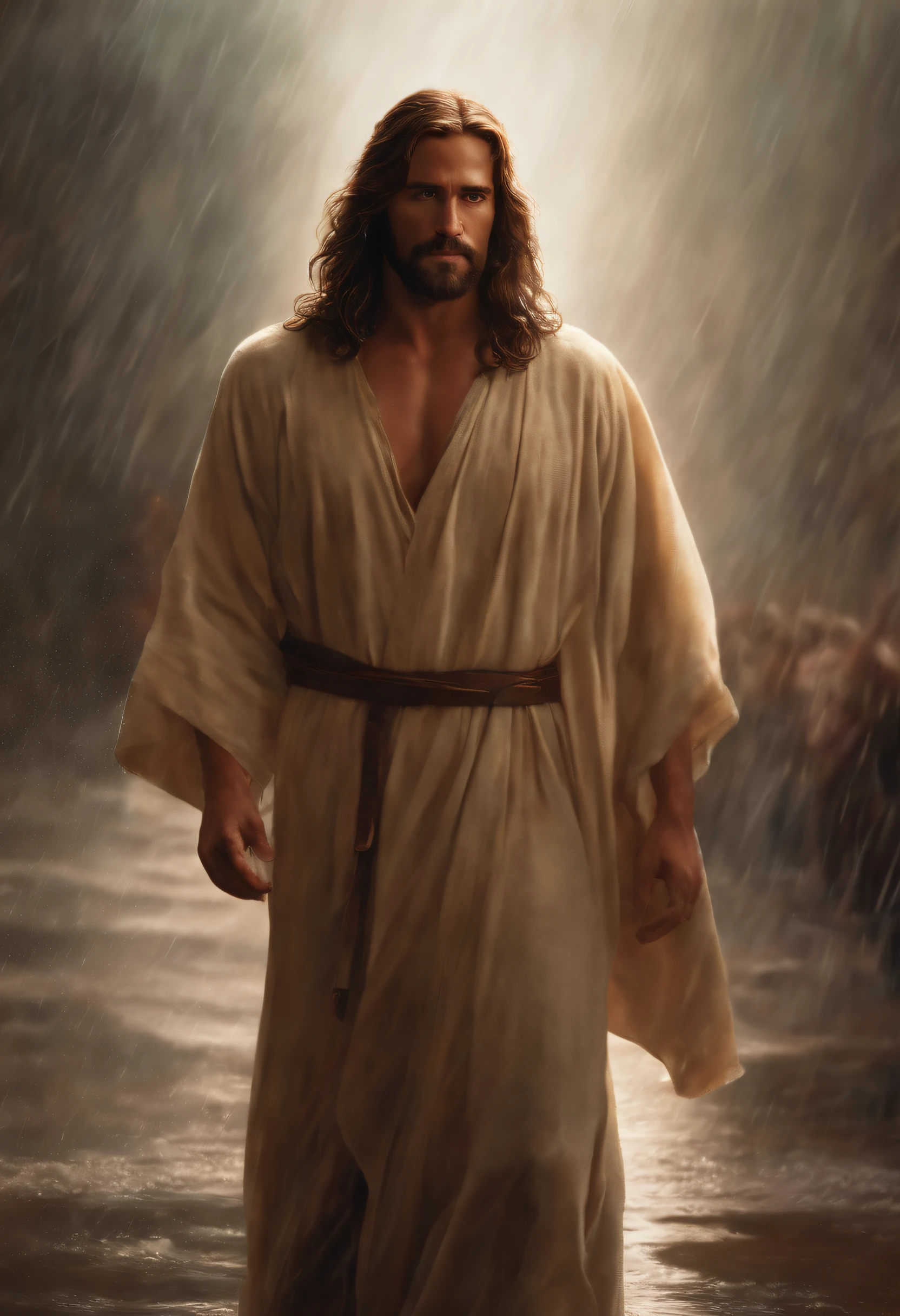 Jesus is standing in the rain with his head turned to the side, Greg Olsen, Jesus Cristo, Retrato de Jesus Cristo, jesus of nazareth, Wojtek FUS, Vestido como Jesus Cristo, O Senhor e Salvador, pintura digital ultra realista, rosto de Jesus, cinematic digital painting, Pintado por Andreas Rocha, Directed by: Michael Komarck, Jesus, Filme 8K ainda