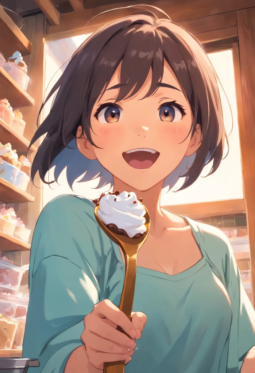 Perspective from ice cream, Face of a huge girl holding a large spoon, Happy expression on face, drooling, in a house , You can see the ceiling, (Upper body shot:1.2), (from below:1.2),