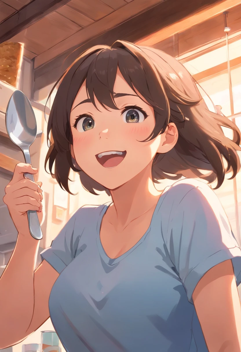 Perspective from ice cream, Face of a huge girl holding a large spoon, Happy expression on face, drooling, in a house , You can see the ceiling, (Upper body shot:1.2), (from below:1.2),