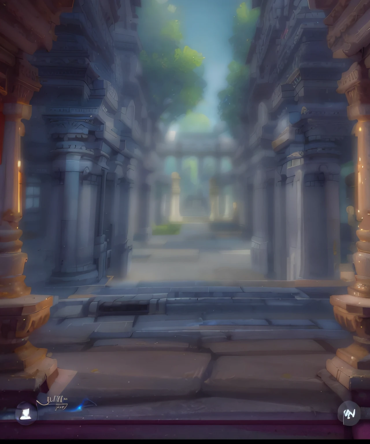 there is a picture of a painting of a building with columns, temple background, mysterious temple setting, background depicting a temple, interior background art, background art, background artwork, a portal to the lost flame realm, godrays digital painting, random background scene, portal to the ethereal realm, soft focus matte painting, entrance to ethereal realm, matte digital painting with clear and fine image