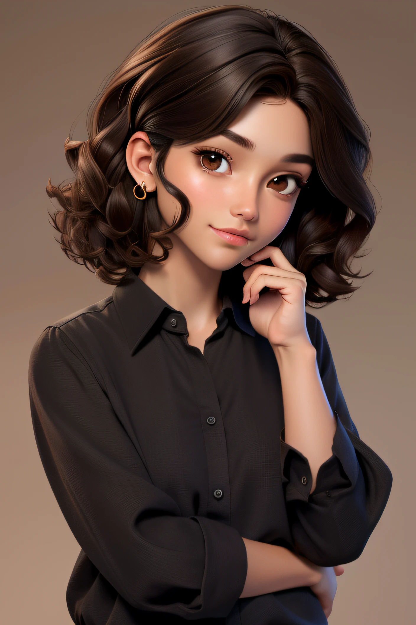 master part, best quality, 1st grade, brown eyes, dark skin, brown hair, wavy hair, short hair, earrings, (long shirt, simple bottom, alone, upper body