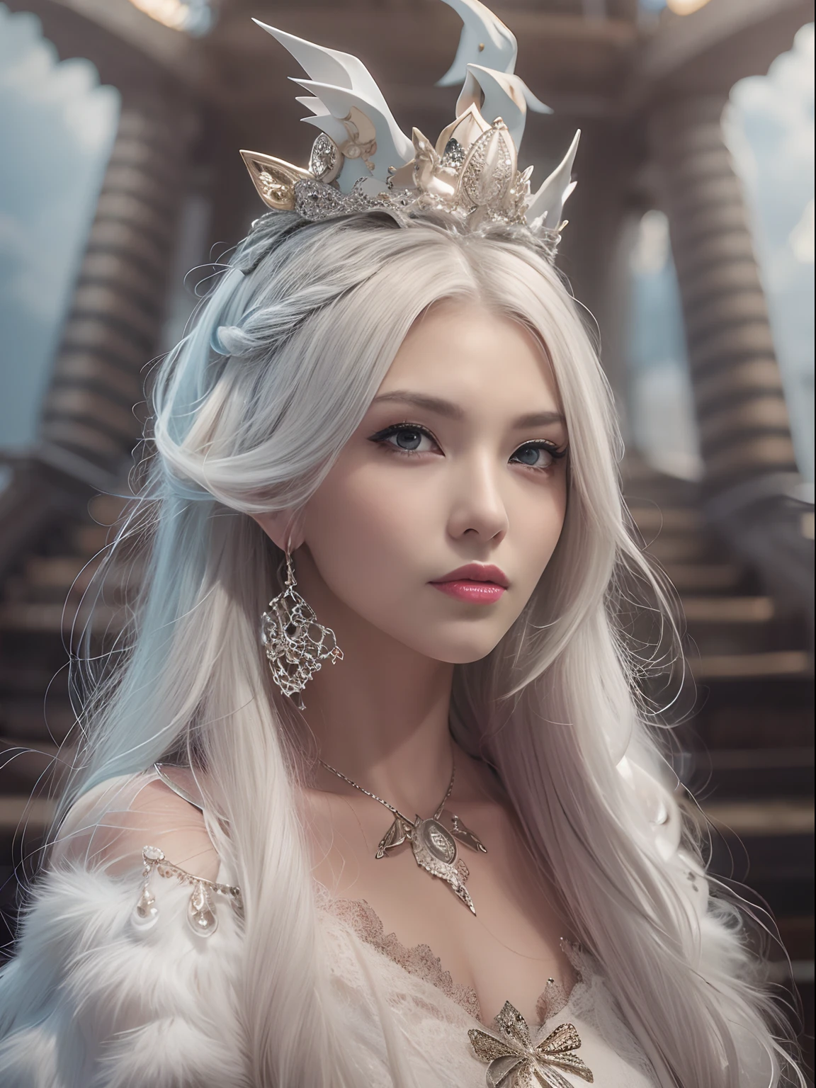 16k（tmasterpiece，K HD | | | | | | |，hiper HD，16k）long flowing white hair，Quarto de joias no quarto dos fundos，rei branco, coroa de rainha, white dragon, Princess of Dragons, peitos grandes e pesados，Dragon Protector （realista：1.4），Python standard costume，Tiara roxo-rosa，Snowflakes fluttering，The background is pure，Keep your head up，Tenha orgulho，As narinas olham para as pessoas， A high resolution， O detalhe， Foto RAW， sharp re， Nikon D850 Film Stock Photo by Jefferies Lee 4 Kodak Portra 400 F1 Camera.6 tiros, cores ricas, Vivid ultra-realistic textures, dramatic lighting, Unreal Trend Engine Art Station, Cinestir 800，Keep your head up，Tenha orgulho, riqueza de detalhes, tecido tule, vestido com decote deslumbrante, As narinas olham para as pessoas, fotografia de corpo inteiro.