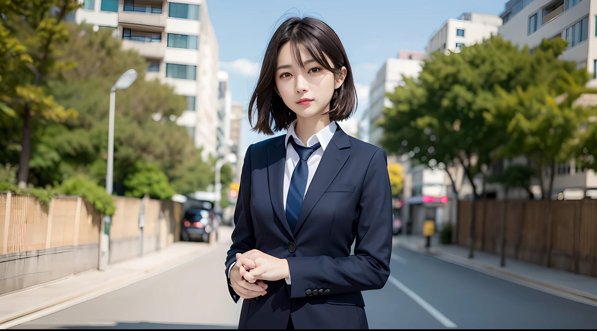 女の子1人、Women around 29 years old、suit and tie、a picture、realisticlying、top-quality、adopt、A detailed face、细致背景、diffuse sunlight、depth of fields、独奏、Full-body angle of view