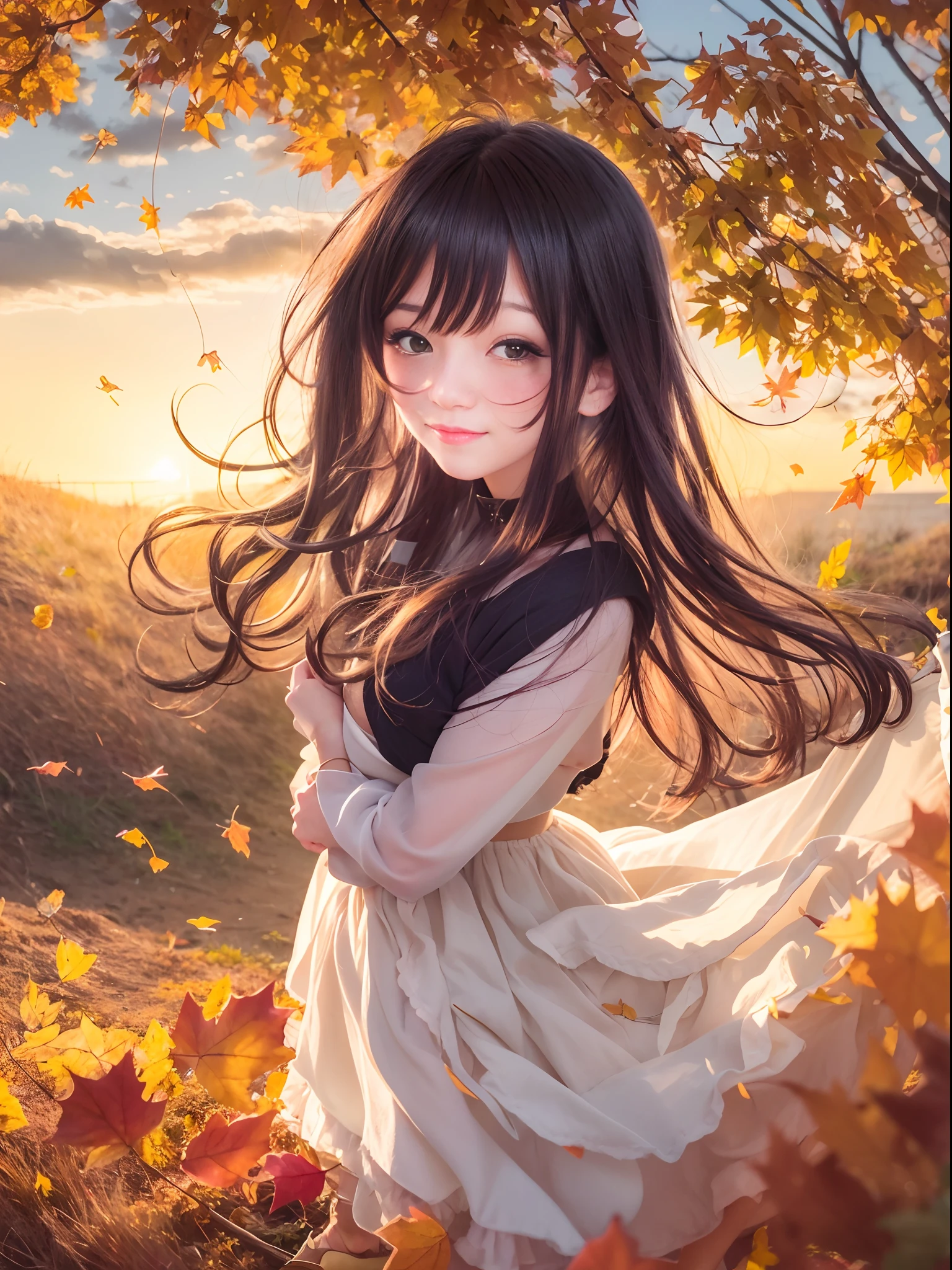 Hill of autumn leaves,Pretty girl,Evening glow,Long skirt with yellow and brown ruffles、a smile、Black Long Hair、Black eyes、White blouse,Skirt is wind、Watching the sunset,face lights、full body Esbian