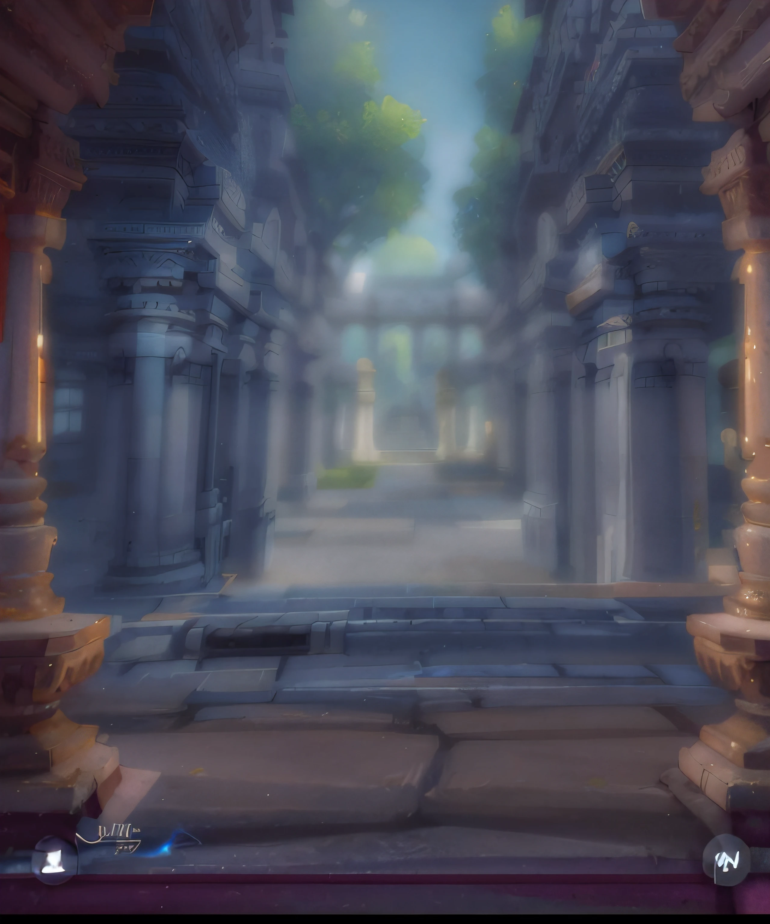 there is a picture of a painting of a building with columns, temple background, mysterious temple setting, background depicting a temple, interior background art, background art, background artwork, a portal to the lost flame realm, godrays digital painting, random background scene, portal to the ethereal realm, soft focus matte painting, entrance to ethereal realm, matte digital painting with clear and fine image