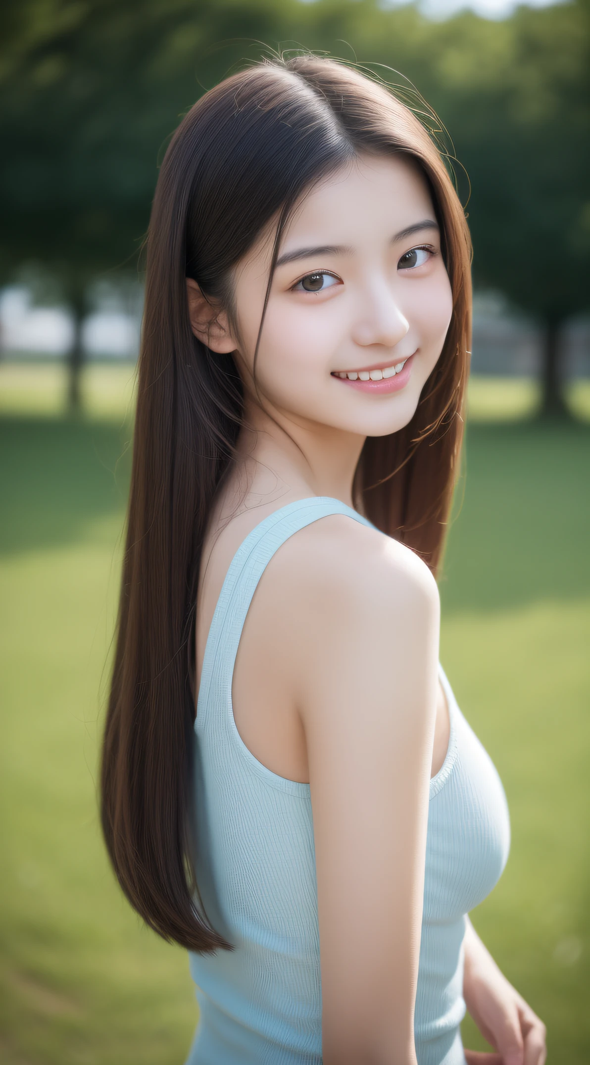 realistic photos of (1 cute Chinese teen) shoulder-length hair, white skin, thin makeup, 32 inch breasts size, slightly smile, wearing blue and white crop top, at the sheep's farm, upper body portrait, Futurism, Nikon, 85mm, UHD