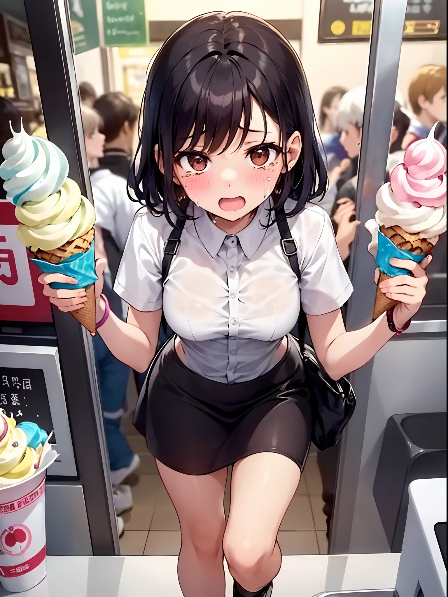 In a bustling ice cream shop, panic ensues. Customers are frantically trying to choose their flavors before they melt, while the staff rush to keep up with the demand. Amidst the chaos, a child drops their cone, and tears start to flow. It’s a hectic scene, full of excitement and urgency.