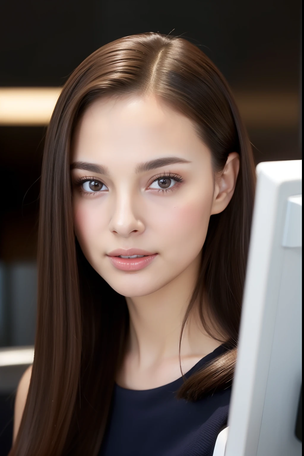 Beautiful woman working in a big bank、The face resembles Natalie Portman、Natalie portman、high-level image quality(Beautiful skin)、fine portrayal、The background is a bank teller、Beautiful female bank employee serving customers at bank counter、Large in the background