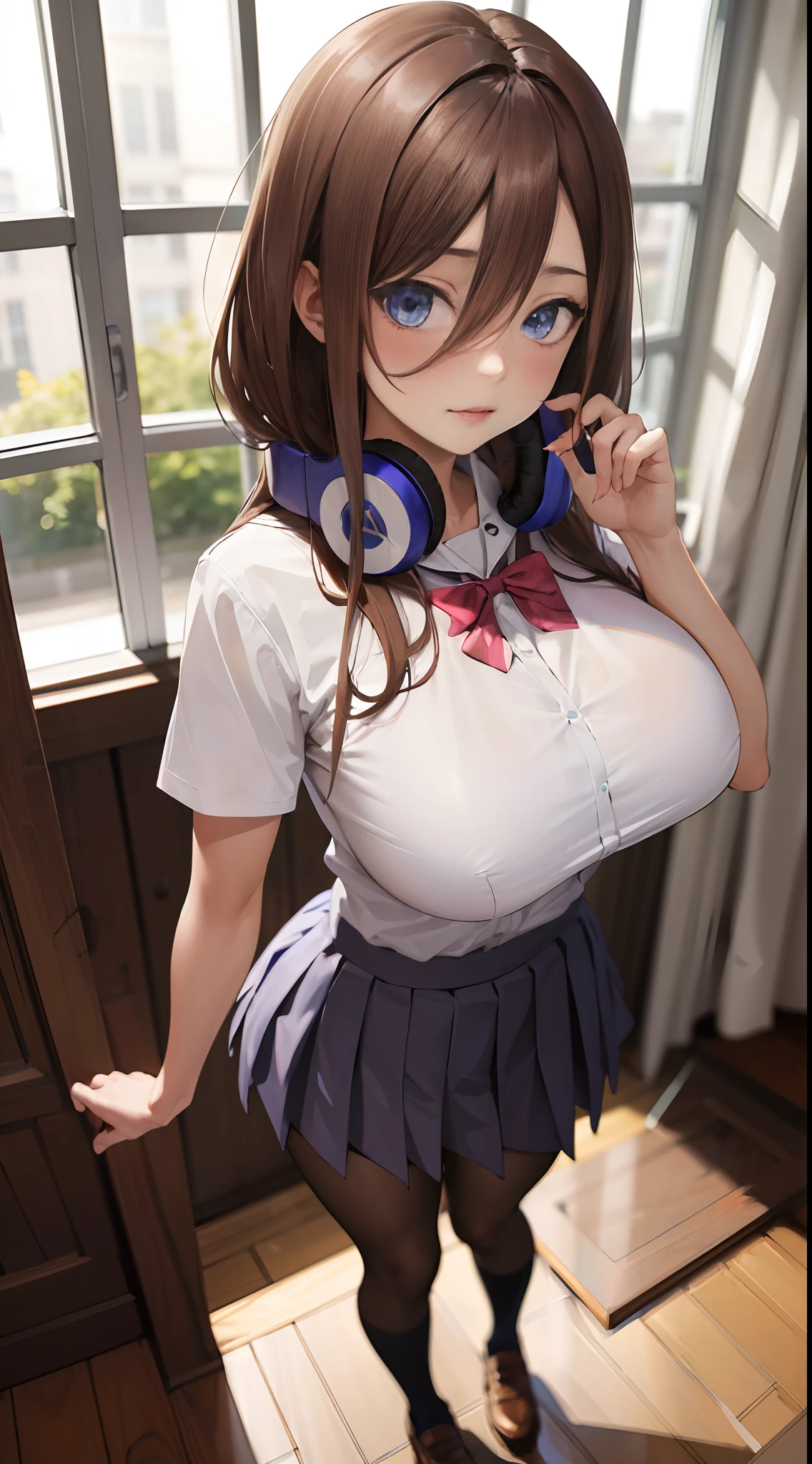 absurdres, best quality, 1girl, solo, eye focus, looking at viewer, Miku, big boobs, school uniforms , brown hair, standing,