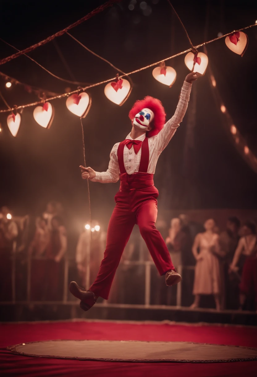 clown tightrope walker, corda, Playing with hearts on a circus trapezoid