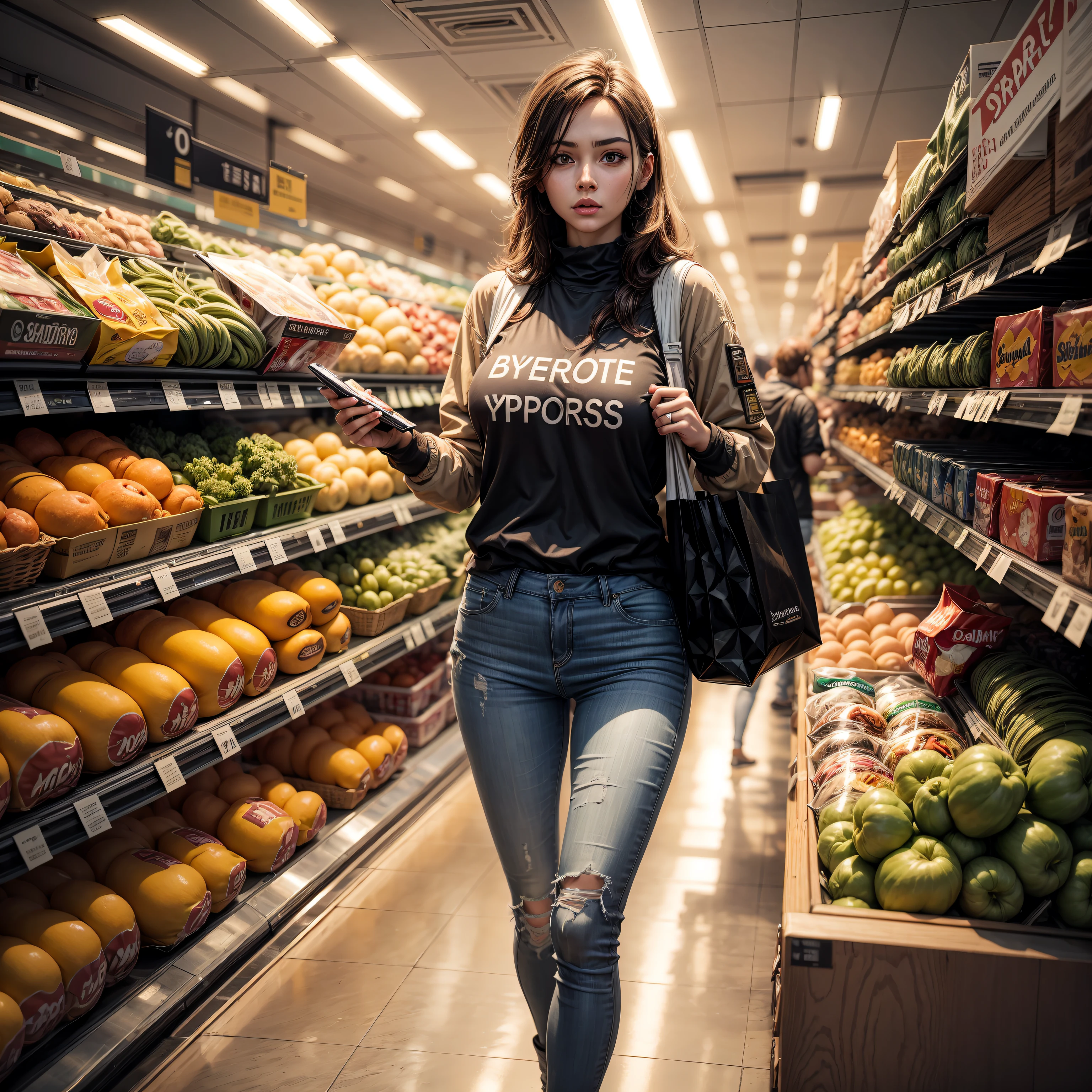 hyperrealistic android shooping in big supermarket, realistic environment, physical based rendering, square image