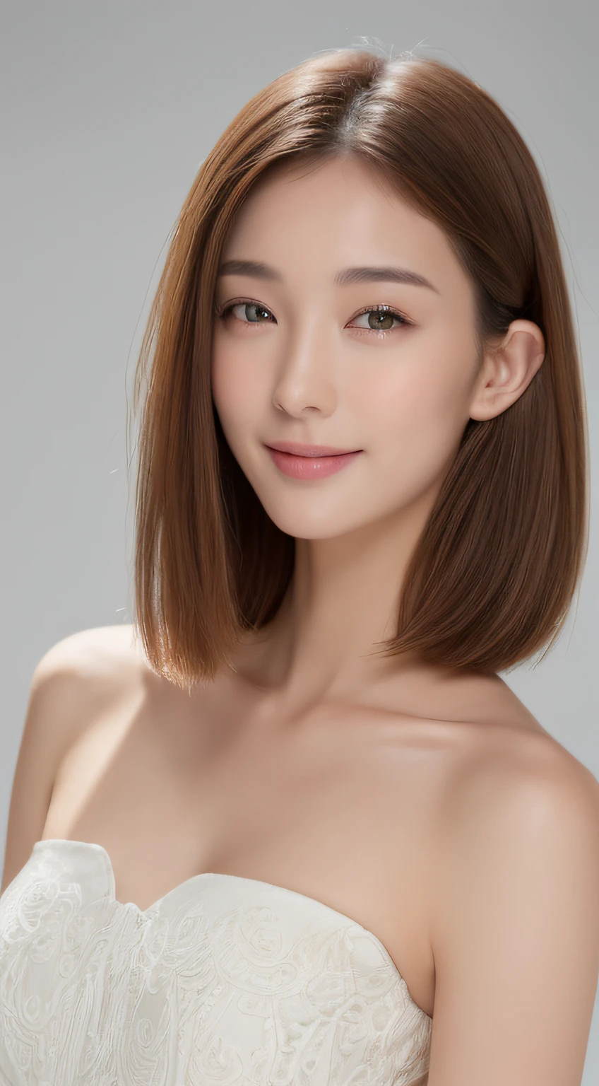 ((top-quality、8K、masterpiece:1.3))、frontage、Beautuful Women、1girl in、Beautiful breasts:1.3、Slender Abs:1.1、doress、Angle from the front、Brown hair shorthair、hyperdetailed face、kindly smile、Almond Eye、
