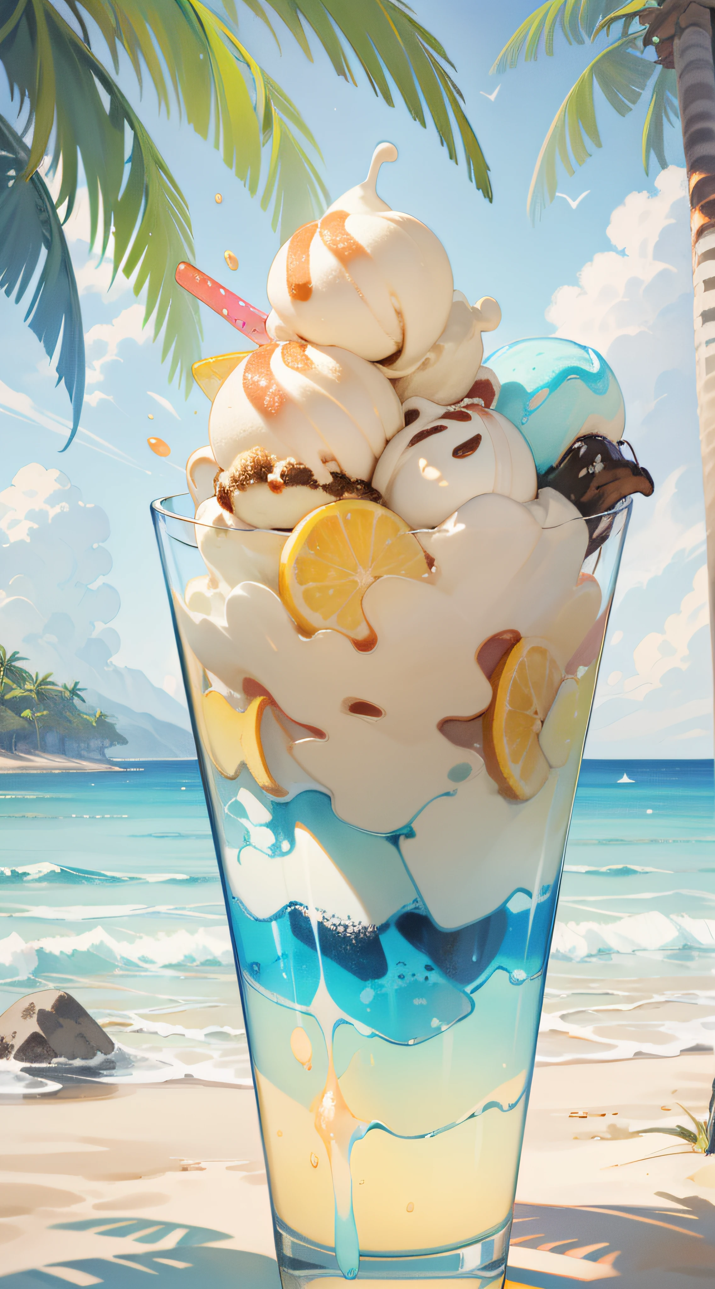 (best quality, 4k, 8k, highres,masterpiece:1.2), ultra-detailed, photorealistic:1.37), HDR, UHD, studio lighting, high quality composition, vivid colors, sharp focus, bokeh, portrait, close-up, lens flare, soft lighting, melting ice cream, crispy cone, refreshing treat, scoops of ice cream, tempting flavors, delicious toppings, colorful sprinkles, lovely beach scene, sparkling blue water, warm golden sand, lively atmosphere, people sunbathing, children playing, beach umbrellas, flying seagulls, clear blue sky, coconut trees, melting ice cream, droplets of condensation, crunchy cone texture, flavorful ice cream flavors, creamy texture, tantalizing flavors, joyful experience, summer vibes.