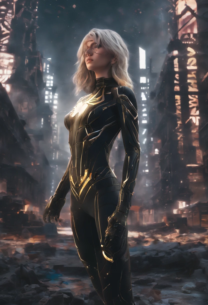 (1girl:1.3), solo, __body-parts__, official art, unified 8k wallpaper, super detailed, beautiful and aesthetic, beautiful, masterpiece, best quality, raw, masterpiece, super fine photo, best quality, super high resolution, photorealistic realism, sunlight, full body portrait, amazing beauty,dynamic pose, delicate face, vibrant eyes, (from the front), she is wearing a black Spider-man suit, gold and black color scheme, spider, very detailed abandoned warehouse background, Detailed face, detailed complex busy background, messy, gorgeous, milky white, highly detailed skin, realistic skin details, visible pores, sharp focus, volumetric fog, 8k uhd, DSLR, high quality, film grain, fair skin, photo realism, lomography, huge metropolis in future dystopia, seen from below, translucent,long light hair