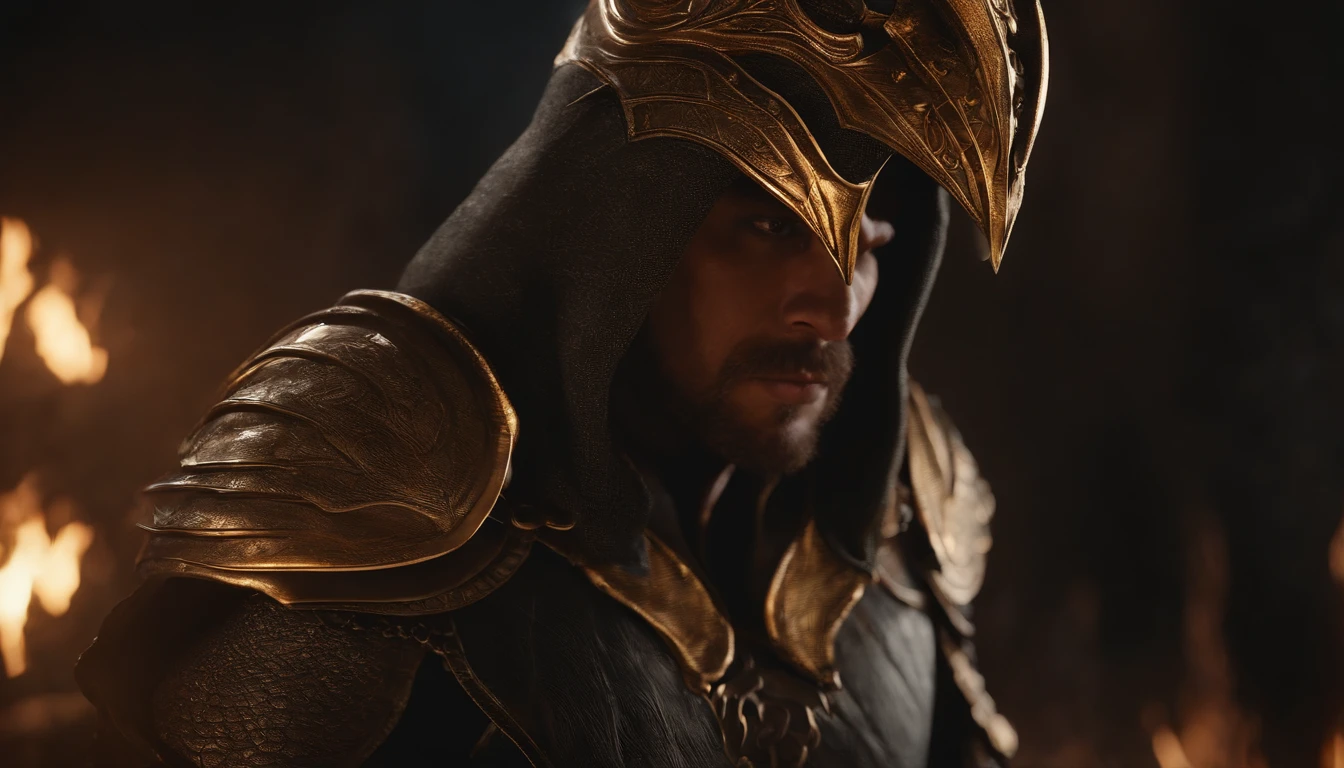 A cinematic marvel: Mortal Kombat's Scorpio Emerges in Ultra Hyper-Realistic Glory in Unreal Engine 5, adornado em um resplandecente traje moderno real que brilha com intrincados fios dourados e tecidos texturizados luxuosos. Seus olhos brilham como fogo, casting an unearthly glow while wielding flames in legendary combat, creating a mesmerizing spectacle of power and elegance. Cada detalhe, from the strands of his burning mane to the ethereal smoke that curled around him, is captured in stunning ultra-high 8K detail, transporting you to a realm where myth and reality intertwine."