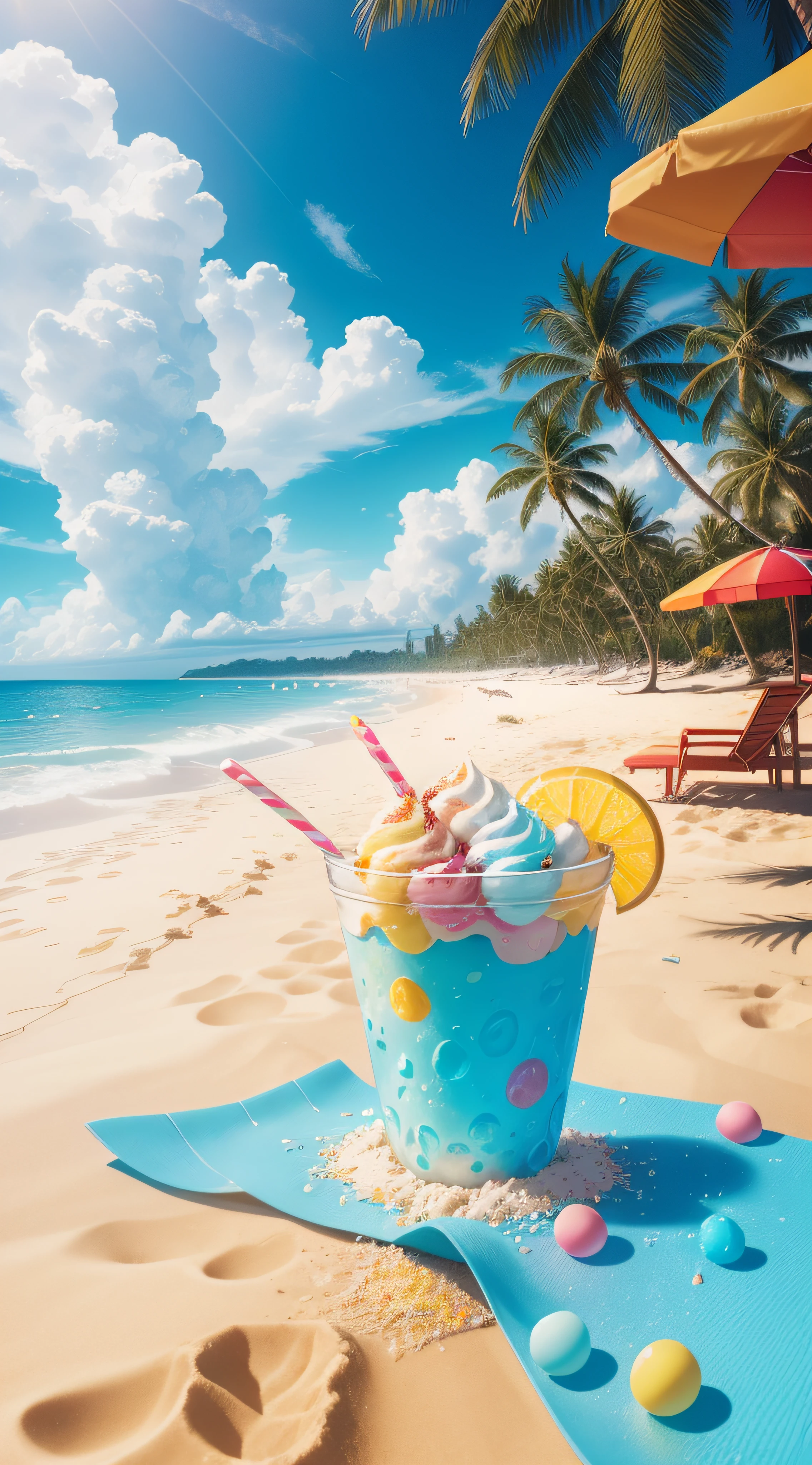 Fruit salad in a glass sweating on ice cream table in a kiosk on the beach in the background beach blue sea