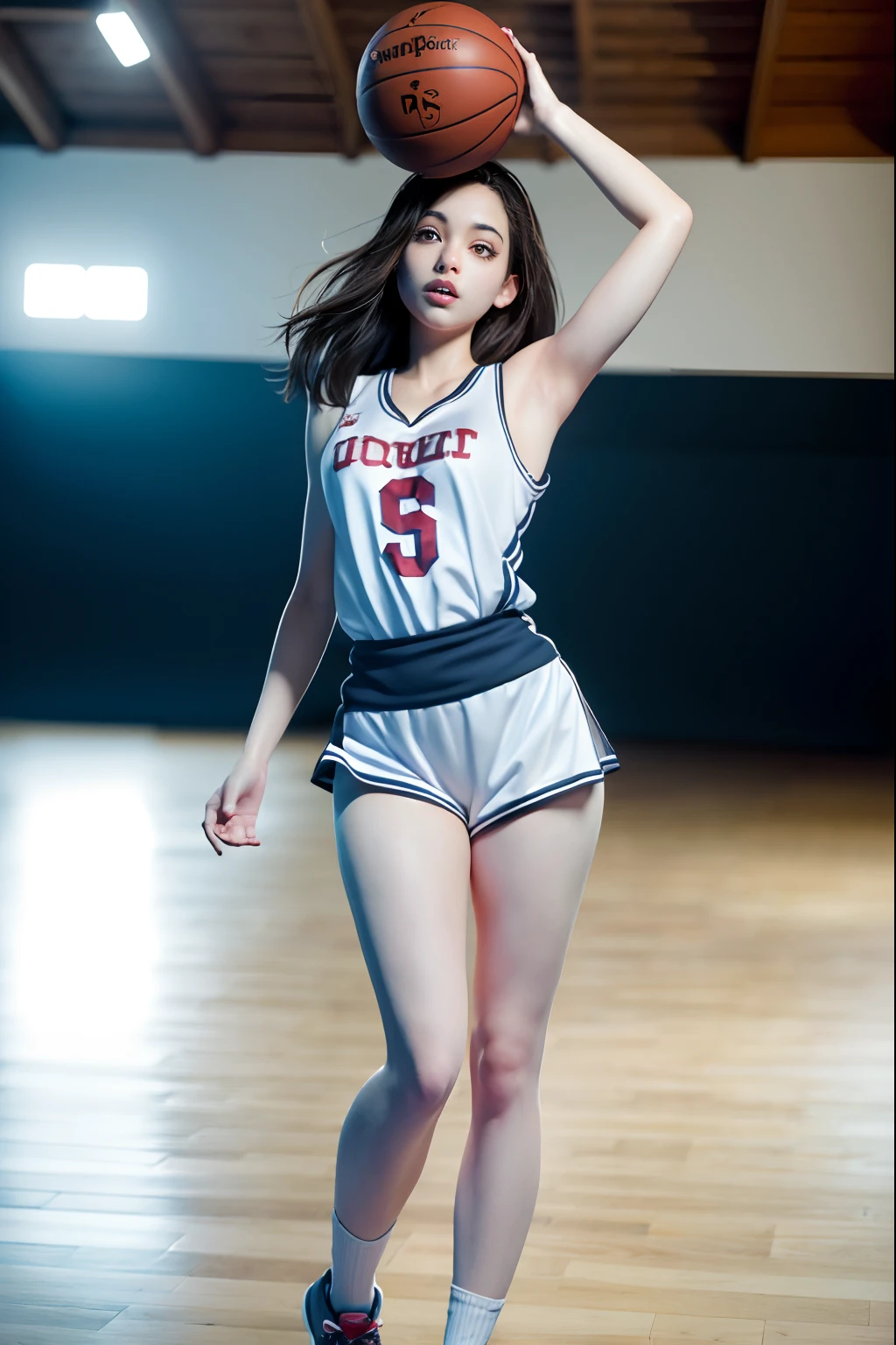 (8k, best quality, masterpiece:1.2), (realistic, photo-realistic:1.37), ultra-detailed,best quality, ultra high res, professional lighting, photon mapping, radiosity, physically-based rendering, topless, nipples, navel, medium breasts cinematic lighting, basketball court,depth of field, sharp focus,sunbeam, good composition,(bokeh:1.2) 1girl,solo,(full body), (closed mouth),beautiful detailed eyes, pose, narrow waist,basketball uniform, black hair,messy hair,long hair floating in wind,(ulzzang-6500:1.2), mix4, hiqcgbody