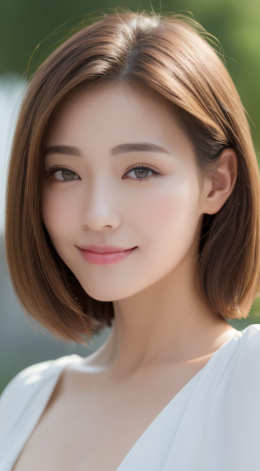 ((top-quality、8K、​masterpiece:1.3))、frontage、Beautuful Women、1girl in、Beautiful breasts:1.3、Slender Abs:1.1、doress、Angle from the front、Brown hair shorthair、hyperdetailed face、kindly smile、Almond Eye、bangss、