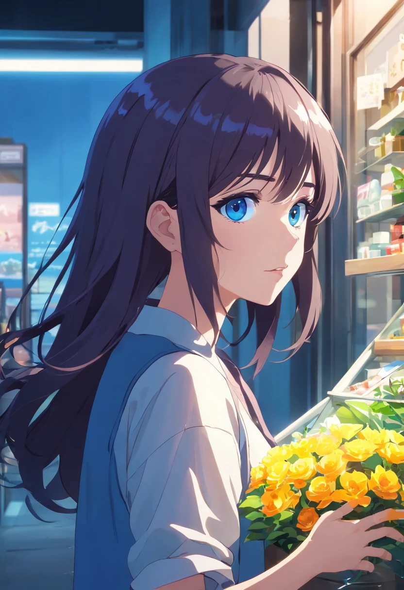 (Clean, (Masterpiece), Very high quality, professional, Highly detailed, hdr,hyper HD,16k), Flower shop,Lots of potted plants,Lots of bouquets,Cute girl making bouquet,The windows let in the sunlight, Solo, Holding a flower pot,Long black hair, Wavy hair, bangs, Expressive eyes, (Dark blue eyes:1.5), Perfect face,