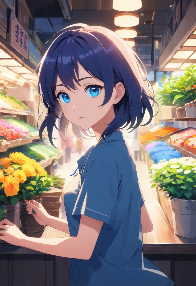 (Clean, (Masterpiece), Very high quality, professional, Highly detailed, hdr,hyper HD,16k), Flower shop,Lots of potted plants,Lots of bouquets,Cute girl making bouquet,The windows let in the sunlight, Solo, Holding a flower pot,Long black hair, Wavy hair, bangs, Expressive eyes, (Dark blue eyes:1.5), Perfect face,
