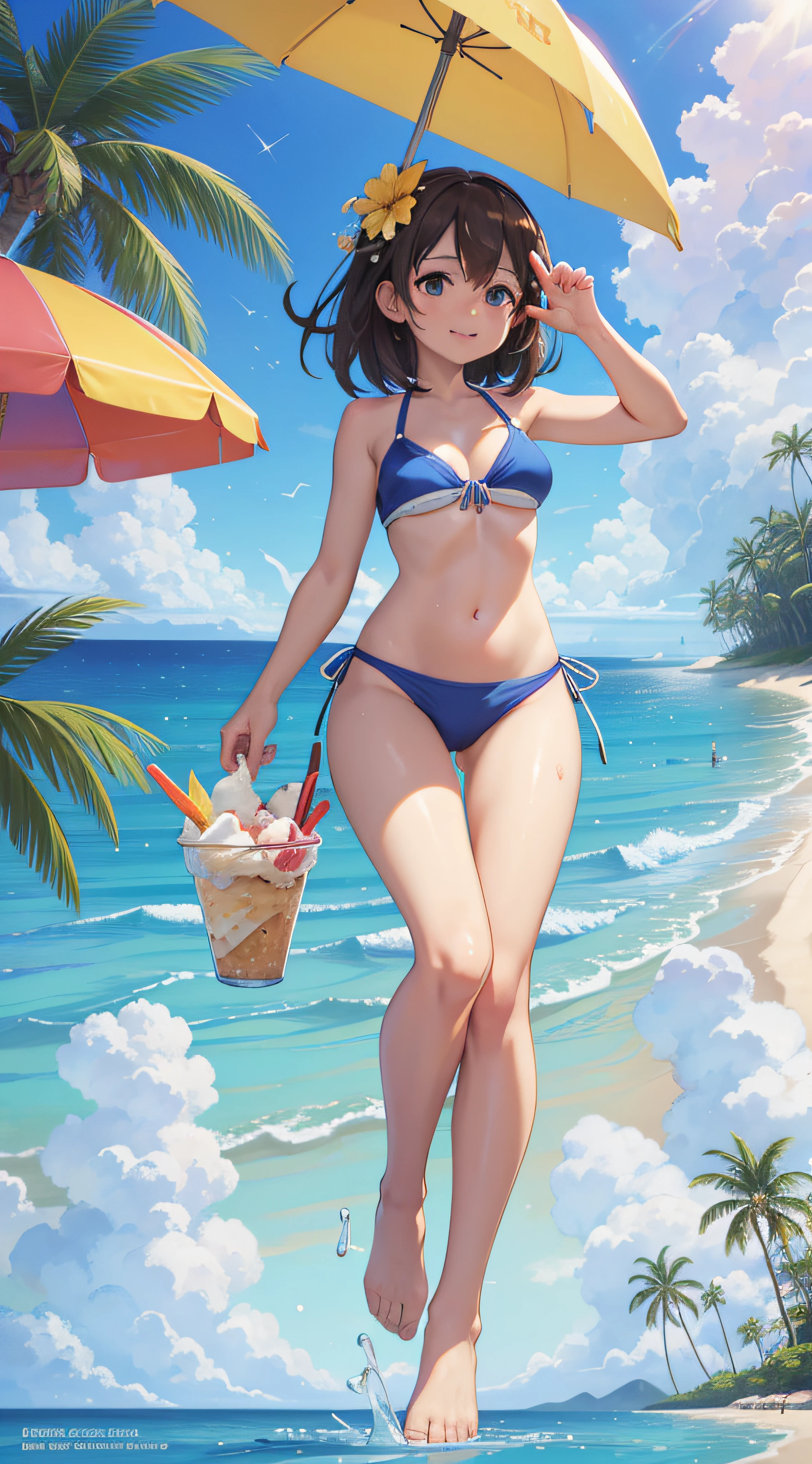 (best quality, 4k, 8k, highres,masterpiece:1.2), ultra-detailed, photorealistic:1.37), HDR, UHD, studio lighting, high quality composition, vivid colors, sharp focus, bokeh, portrait, close-up, lens flare, soft lighting, melting ice cream, crispy cone, refreshing treat, scoops of ice cream, tempting flavors, delicious toppings, colorful sprinkles, lovely beach scene, sparkling blue water, warm golden sand, lively atmosphere, people sunbathing, children playing, beach umbrellas, flying seagulls, clear blue sky, coconut trees, melting ice cream, droplets of condensation, crunchy cone texture, flavorful ice cream flavors, creamy texture, tantalizing flavors, joyful experience, summer vibes.