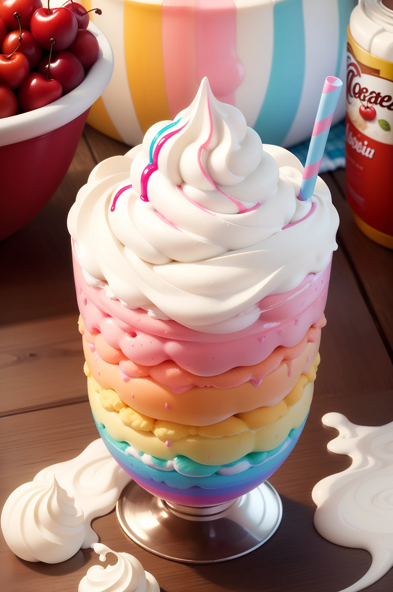 (masterpiece, best quality), best resolution, rainbow milkshake topped with whipped cream and a cherry