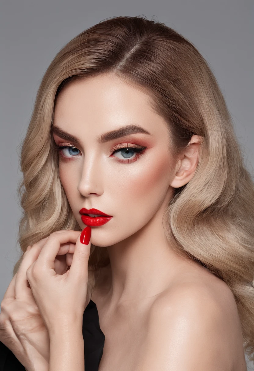 (Publicity photo for luxury cosmetics), modelo de moda, Olhando para o Viewer, headpe, Sobrancelhas Grossas, bright lips, batom vermelho bem delineado, sombra azul marcante, long eyeslashes, cabelo curto preto, fundo simples, sorriso sutil, (professional lighting ), luz difusa