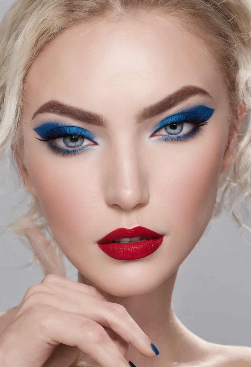 (Publicity photo for luxury cosmetics), modelo de moda, Olhando para o Viewer, headpe, Sobrancelhas Grossas, bright lips, batom vermelho bem delineado, sombra azul marcante, long eyeslashes, cabelo curto preto, fundo simples, sorriso sutil, (professional lighting ), luz difusa