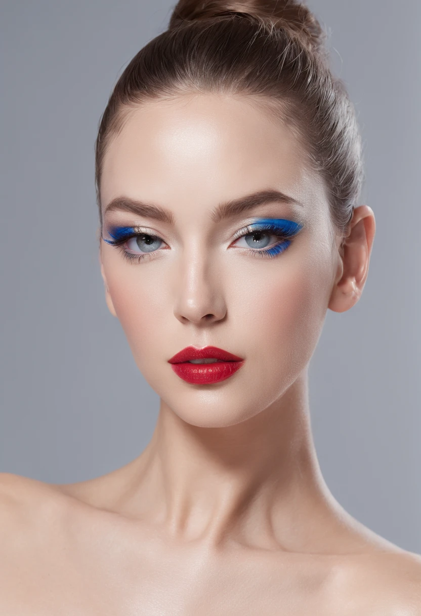 (Publicity photo for luxury cosmetics), modelo de moda, Olhando para o Viewer, headpe, Sobrancelhas Grossas, bright lips, batom vermelho bem delineado, sombra azul marcante, long eyeslashes, cabelo curto preto, fundo simples, sorriso sutil, (professional lighting ), luz difusa