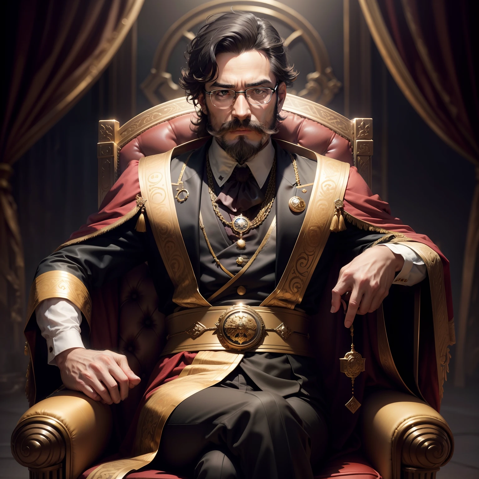 Create a character who is portrayed as a king, seated on a chair, wearing a black velvet coat with the top two buttons undone. The character has medium hair, a face with glasses due to weak eyesight, and a normal-shaped face with clear skin tone. There is a small beard on the chin area and light facial hair on the sides, while the mustache is fuller. Place the character in a blurred palace-like background.
