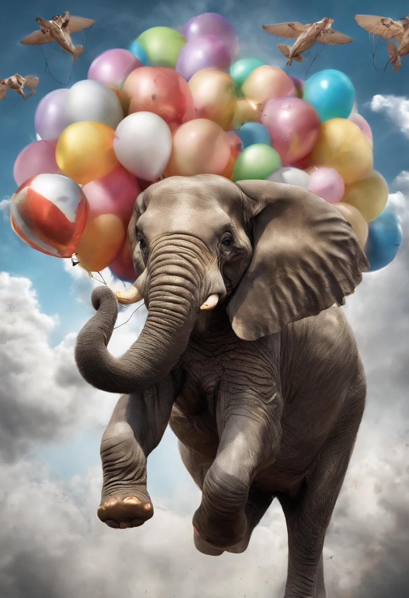 elephant flying in the skies held by balloons and a thin rope