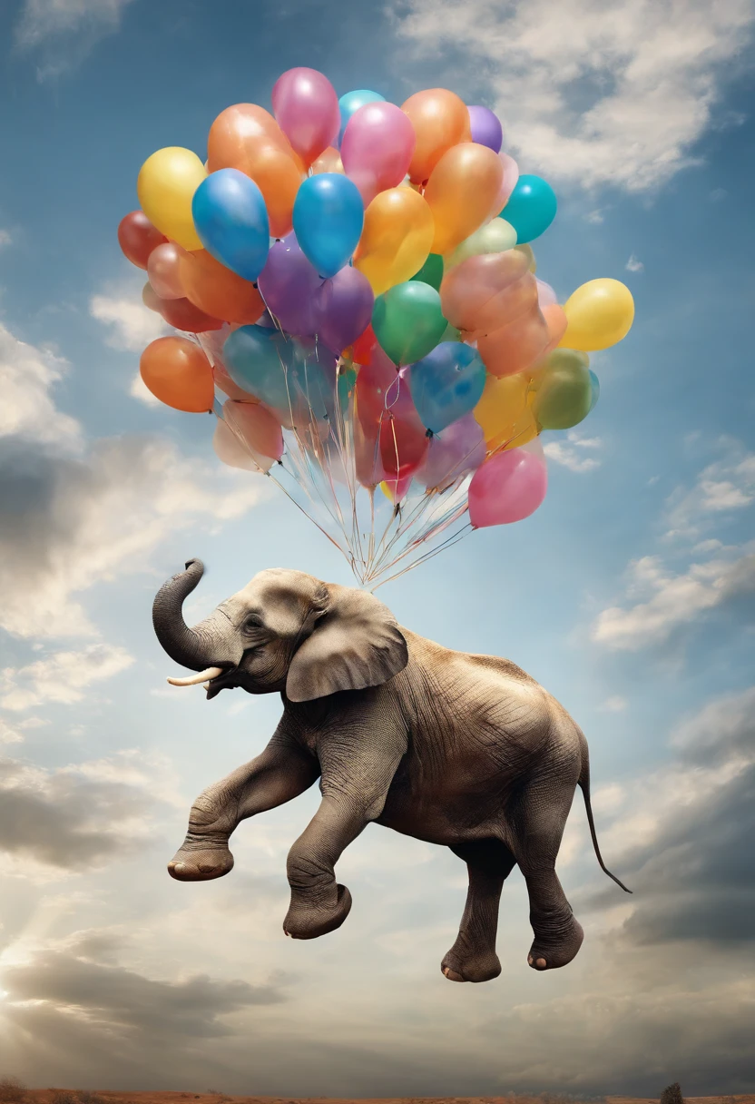elephant flying in the skies held by balloons and a thin rope