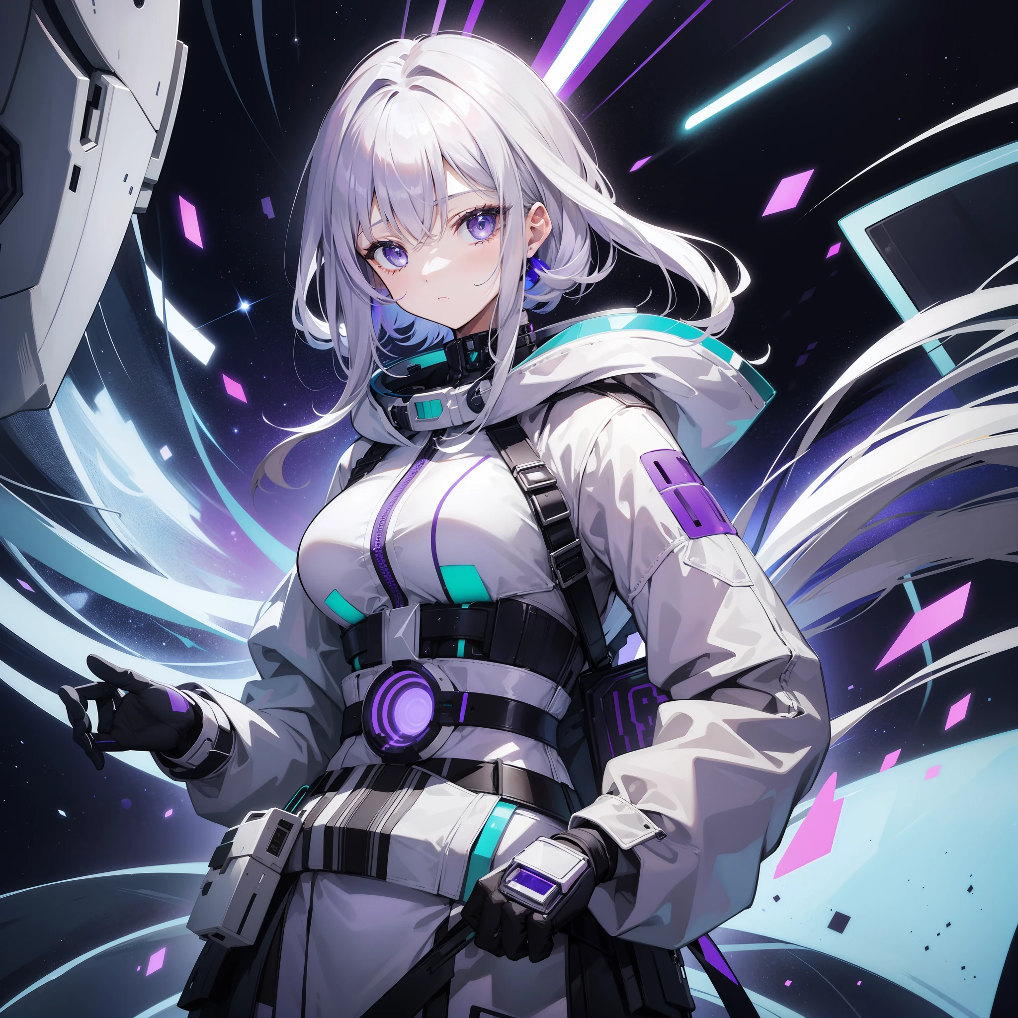 Silver-haired woman wearing modern fashionable spacesuit、The hair is a one-point color and has light purple、Wearing a futuristic belt around his waist、Purple dark blue eyes、Black space background、Wearing a white and green spacesuit