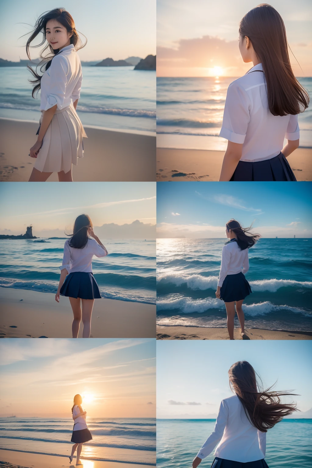(top-quality、8K、32K、masterpiece)Beautuful Women、in school uniform、Sunset,sea side、Hair fluttering in the wind、Walking along the sandy beach、4Same woman in both pictures、Gradually turning around from the back