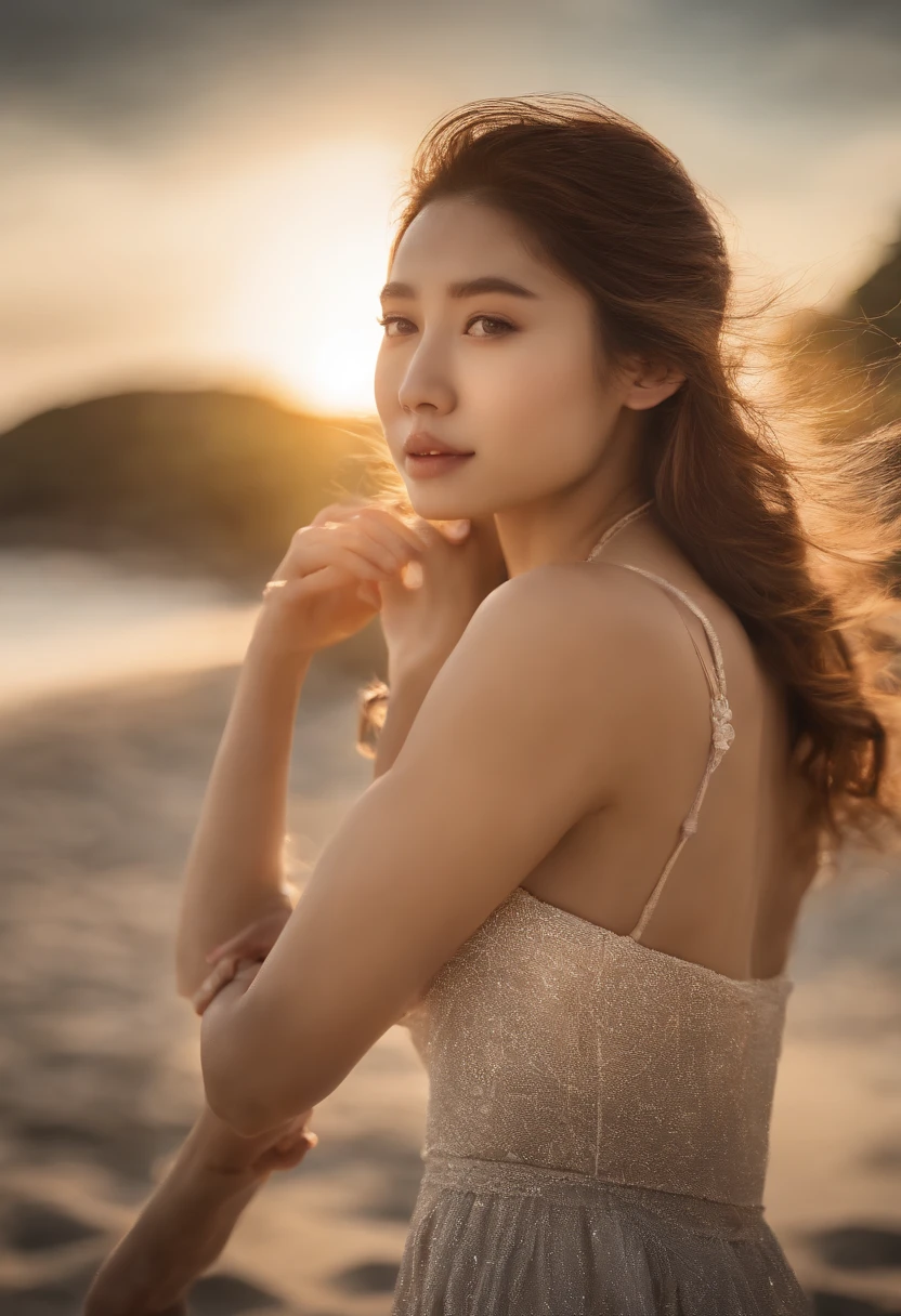 Best quality, Masterpiece, high resolution, 1girll, Porcelain dress, Hair accessories, necklace, jewelry, Beautiful face, On the body, Tyndall effect, Realistic, Dark Studio, Edge lighting, Two-tone lighting, (High detail skin: 1.2), 8K  UHD, Digital SLR, Soft light, High quality, volumettic light, candid, Photo, high resolution, 4K, 8K, Background blur,Double，Boys help girls apply sunscreen，beachside, schoolgirls，18yr old，Pure，Asians，swim wears, sandbeach, Coconut Tree, beach chair，Man and woman playing beach volleyball in background