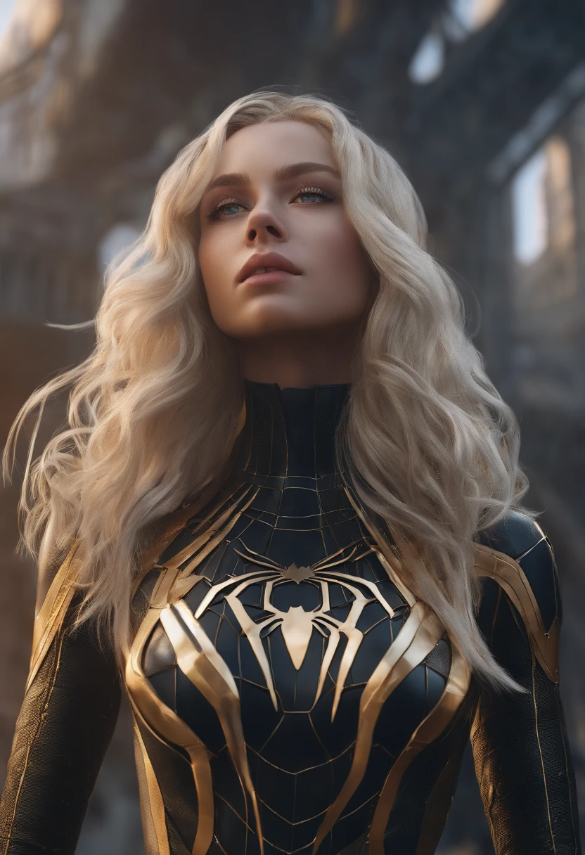 (1girl:1.3), solo, __body-parts__, official art, unified 8k wallpaper, super detailed, beautiful and aesthetic, beautiful, masterpiece, best quality, raw, masterpiece, super fine photo, best quality, super high resolution, photorealistic realism, sunlight, full body portrait, amazing beauty,dynamic pose, delicate face, vibrant eyes, (from the front), she is wearing a black Spider-man suit, gold and black color scheme, spider, very detailed abandoned warehouse background, Detailed face, detailed complex busy background, messy, gorgeous, milky white, highly detailed skin, realistic skin details, visible pores, sharp focus, volumetric fog, 8k uhd, DSLR, high quality, film grain, fair skin, photo realism, lomography, huge metropolis in future dystopia, seen from below, translucent,long light hair
