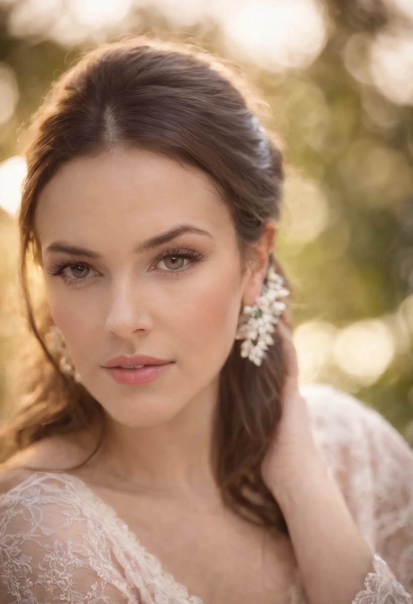 Mulher mexicana de 60 anos do estado de Sonora em camisola (seda, com renda rosa pastel), corpo bonito, quadris largos, cabelos longos e cacheados, corpo inteiro, em seu quarto em casa