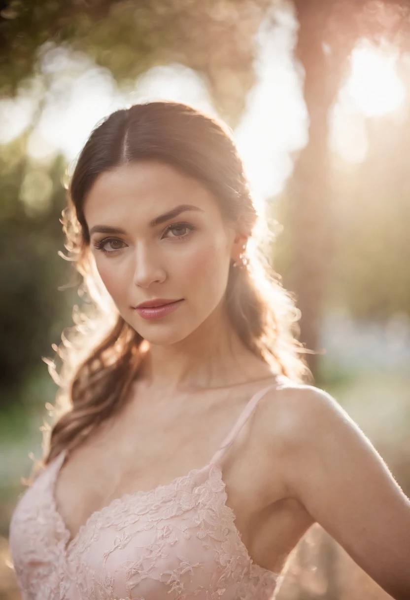 Mulher mexicana de 60 anos do estado de Sonora em camisola (seda, com renda rosa pastel), corpo bonito, quadris largos, cabelos longos e cacheados, corpo inteiro, em seu quarto em casa