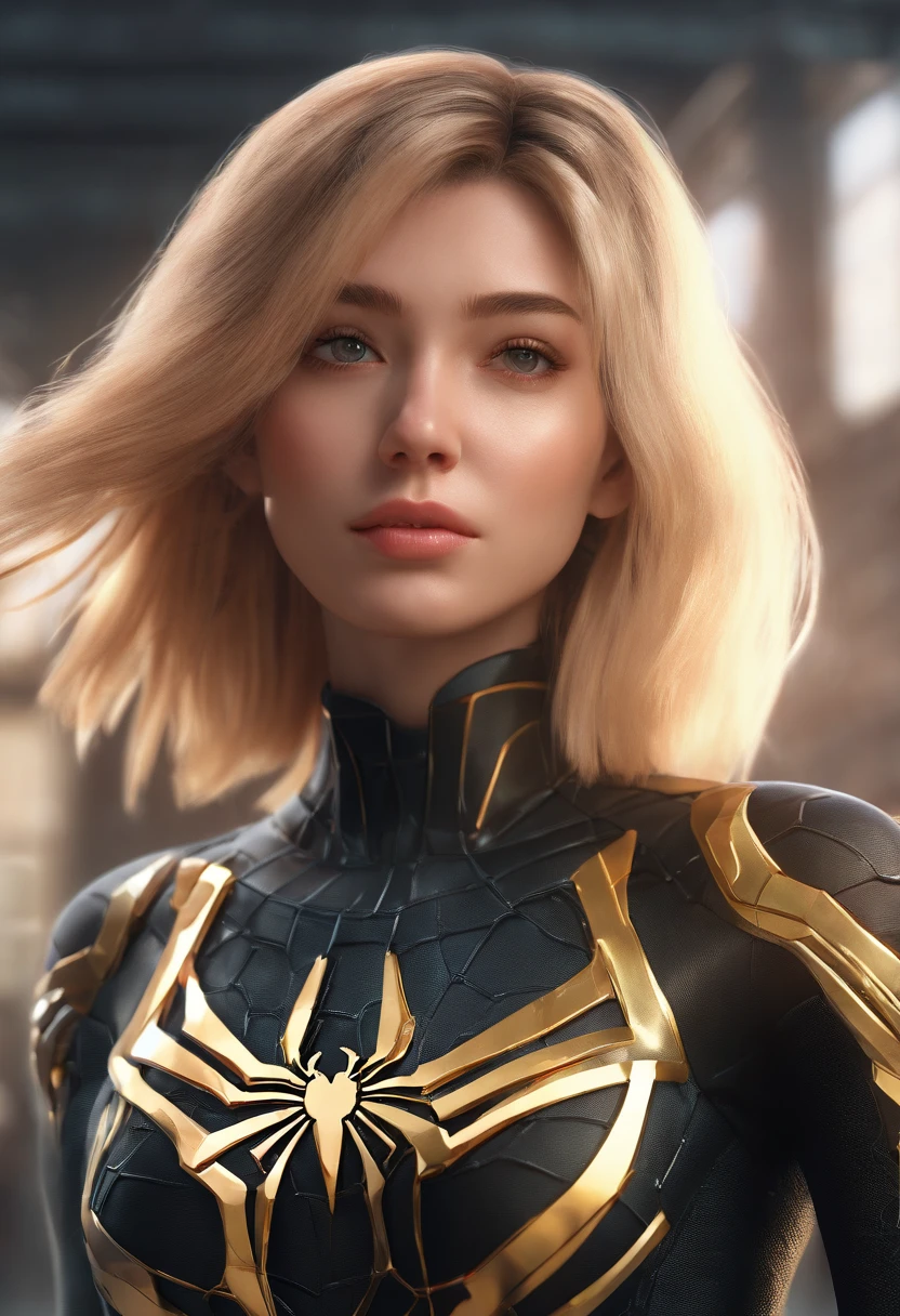 (1girl:1.3), solo, __body-parts__, official art, unified 8k wallpaper, super detailed, beautiful and aesthetic, beautiful, masterpiece, best quality, raw, masterpiece, super fine photo, best quality, super high resolution, photorealistic realism, sunlight, full body portrait, amazing beauty,dynamic pose, delicate face, vibrant eyes, (from the front), she is wearing a black Spider-man suit, gold and black color scheme, spider, very detailed abandoned warehouse background, Detailed face, detailed complex busy background, messy, gorgeous, milky white, highly detailed skin, realistic skin details, visible pores, sharp focus, volumetric fog, 8k uhd, DSLR, high quality, film grain, fair skin, photo realism, lomography, huge metropolis in future dystopia, seen from below, translucent,long light hair