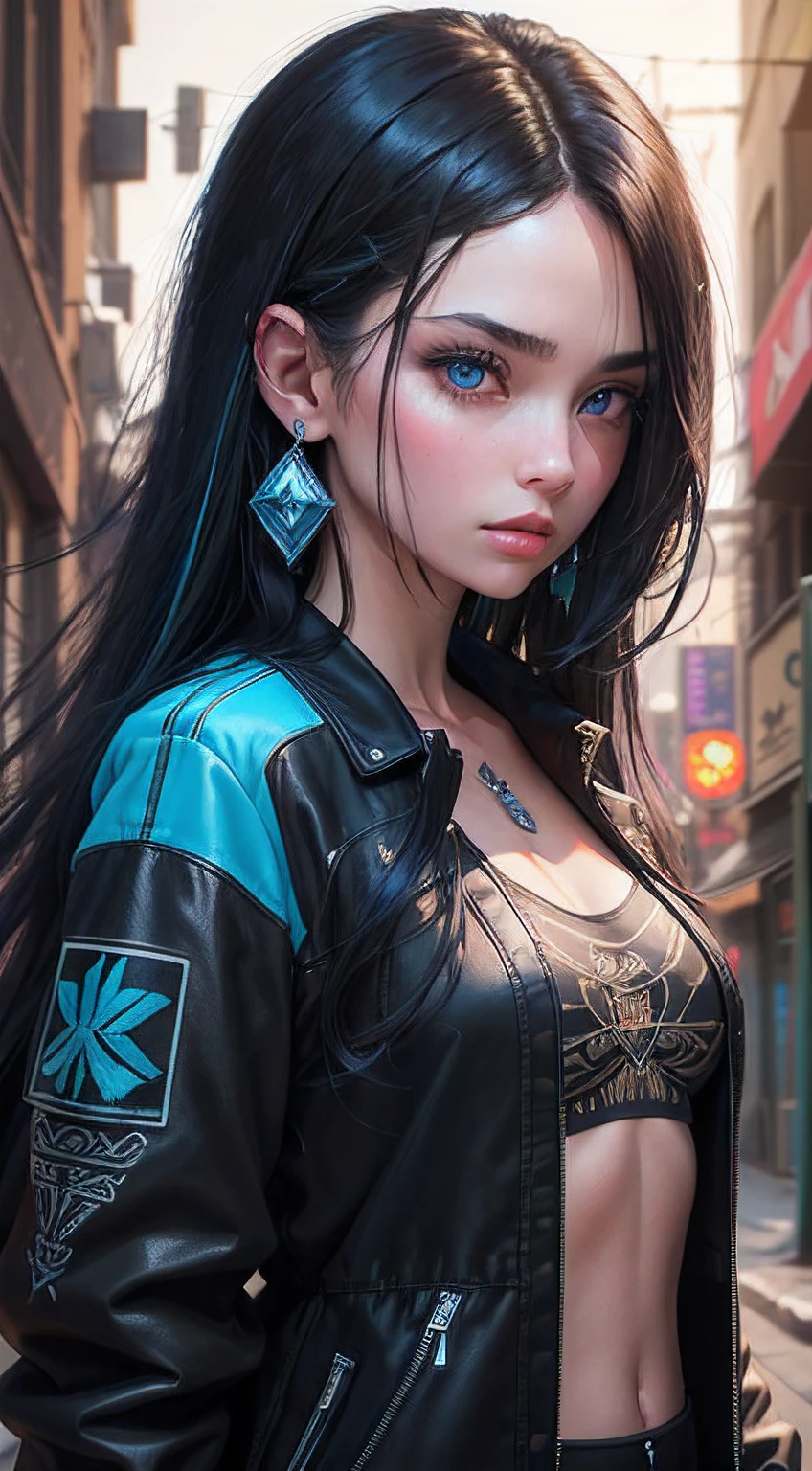 (masterpiece, best quality, 1girl, solo, intricate details, chromatic aberration), realistic, ((medium breath)), long black hair with fringe, blue highlights, hair over one eye, blue eyes, earrings, sharp eyes, neon shirt, open jacket, (symmetry eyes),(perfect symmetrical body),Blur background, night bokeh lights, graffiti, dim lighting, alley ,candid